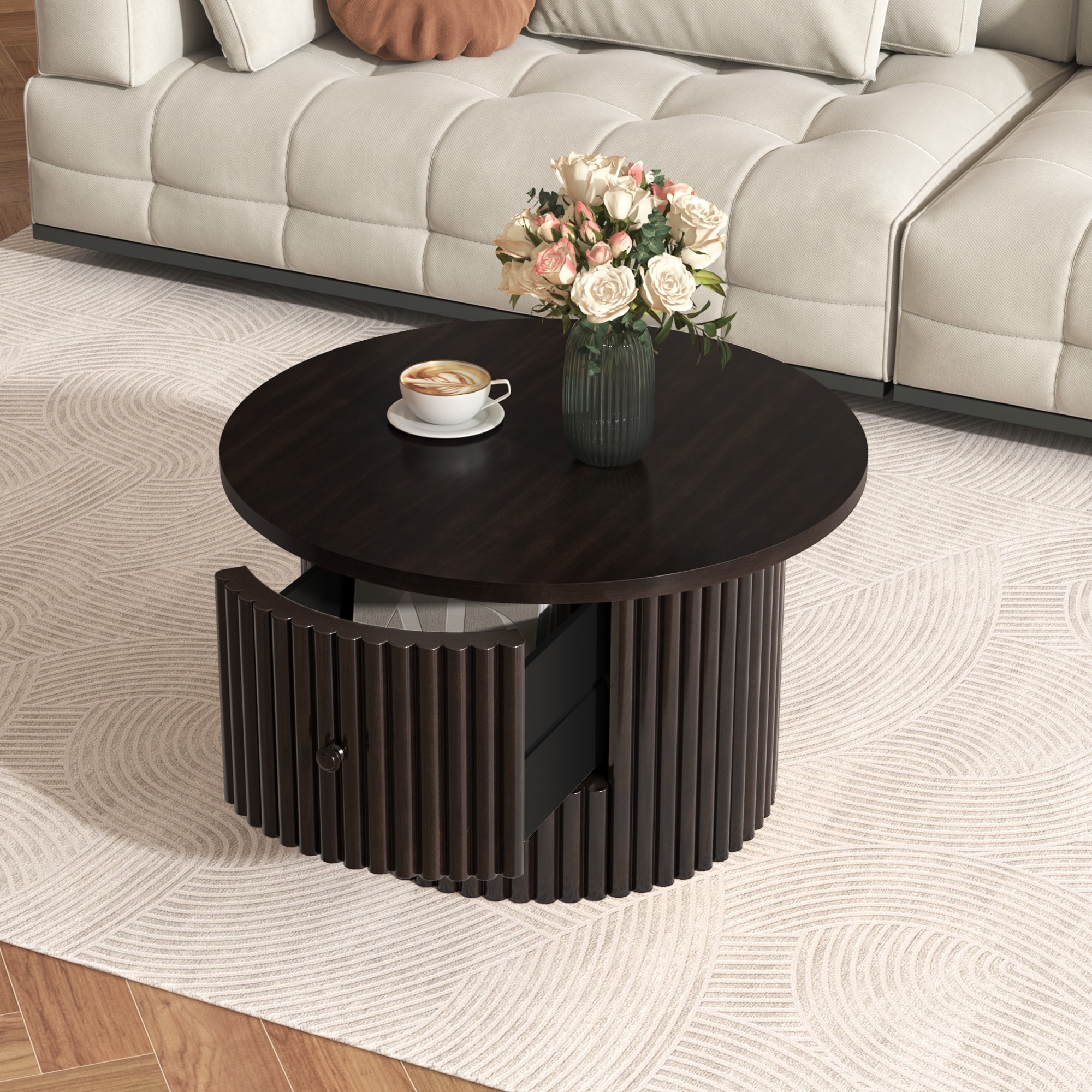 ModernLuxe L3P-N735P242922D Round Coffee Table for Living Room in Dark Brown Farmhouse Coffee Table with a Drawer  Center Table with Vertical Slat Base in 30.5inch