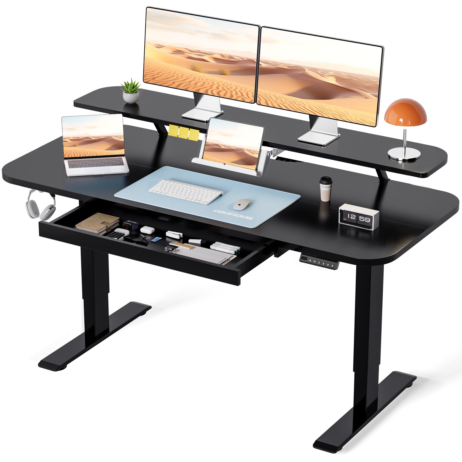 GTPLAYER LOWE-DTS118-BLK-120 Black 48 IN W Electric Standing Desk with Drawers Sit Stand up Desk