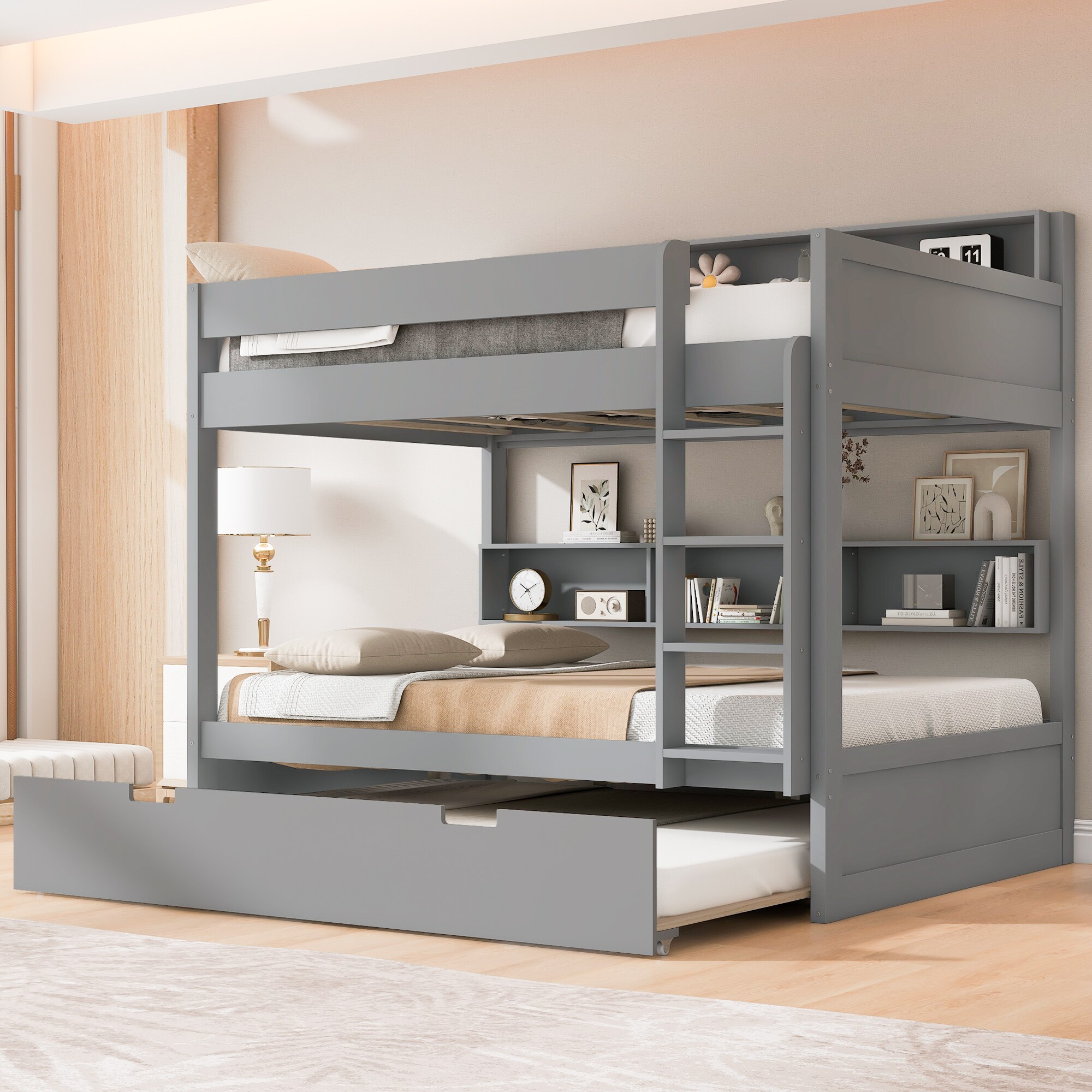 GDFStudio Full over Full Bunk Bed with Pull-Out Trundle Gray Finish Built-In Shelves and Modern Aesthetic