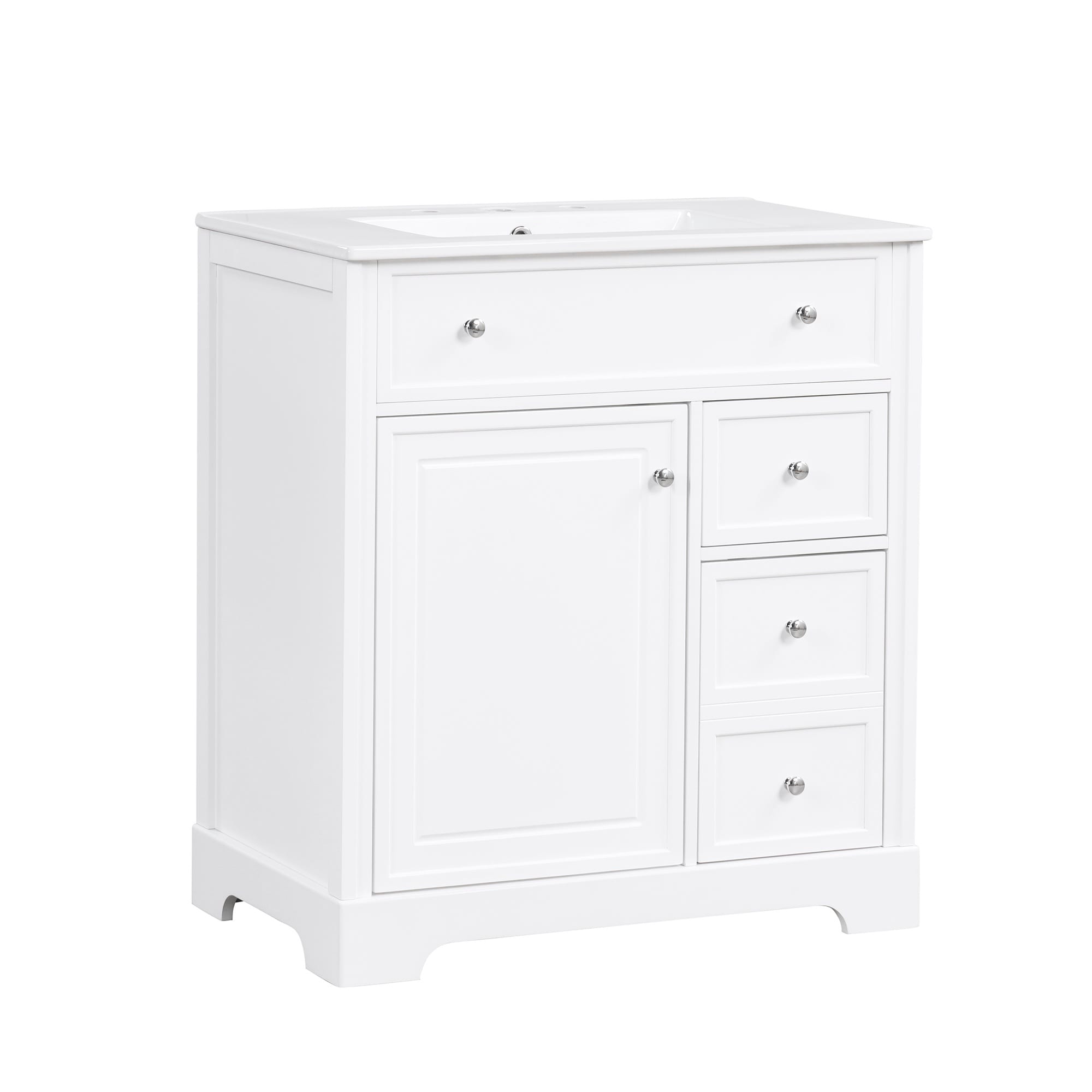 LIVACA 30 inch White Solid Wood and MDF Bathroom Vanity with Ceramic Sink and One Door Two Drawers