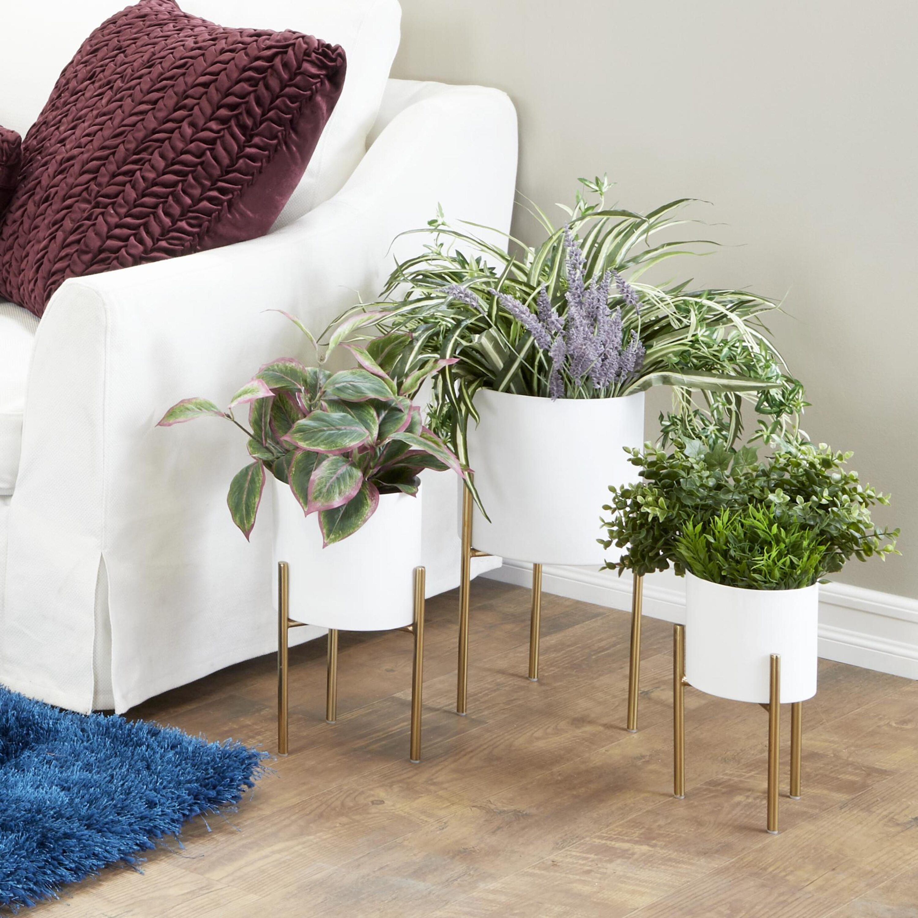 White and Gold Metal Cylinder Floor Planter Set of 3