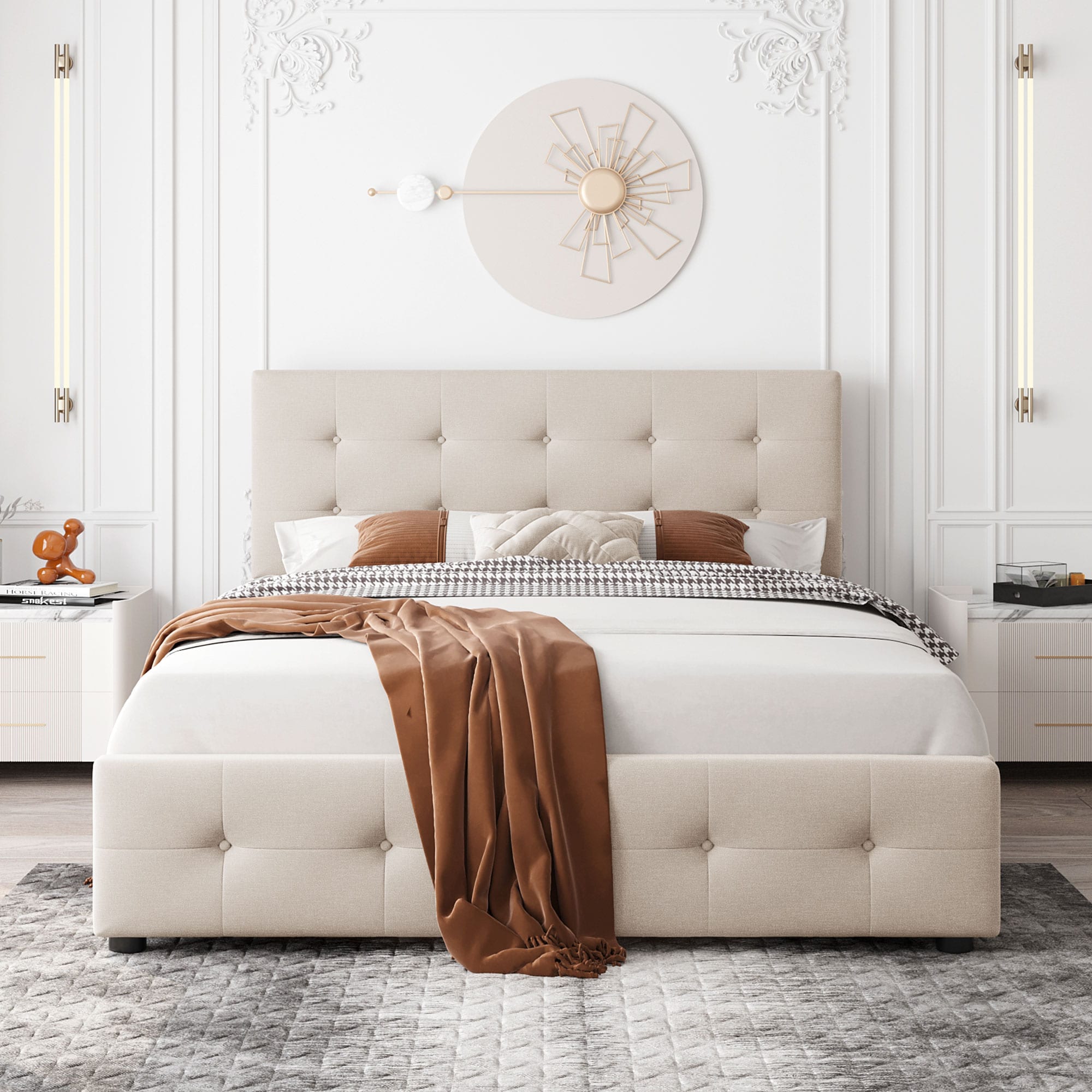 JIMSMAISON JMLFFB221BEG Beige Queen Wood Upholstered Bed with Storage