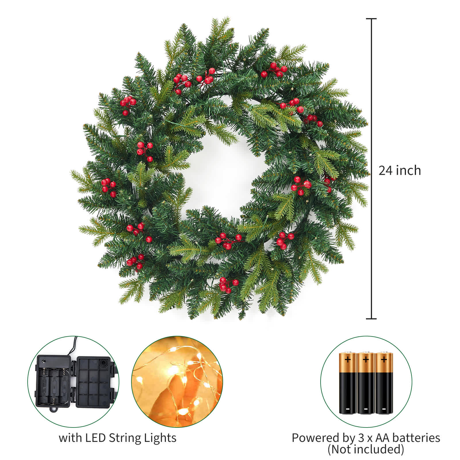 Qeetex Christmas Wreaths for Front Door 24 Inch Christmas Wreath with ...