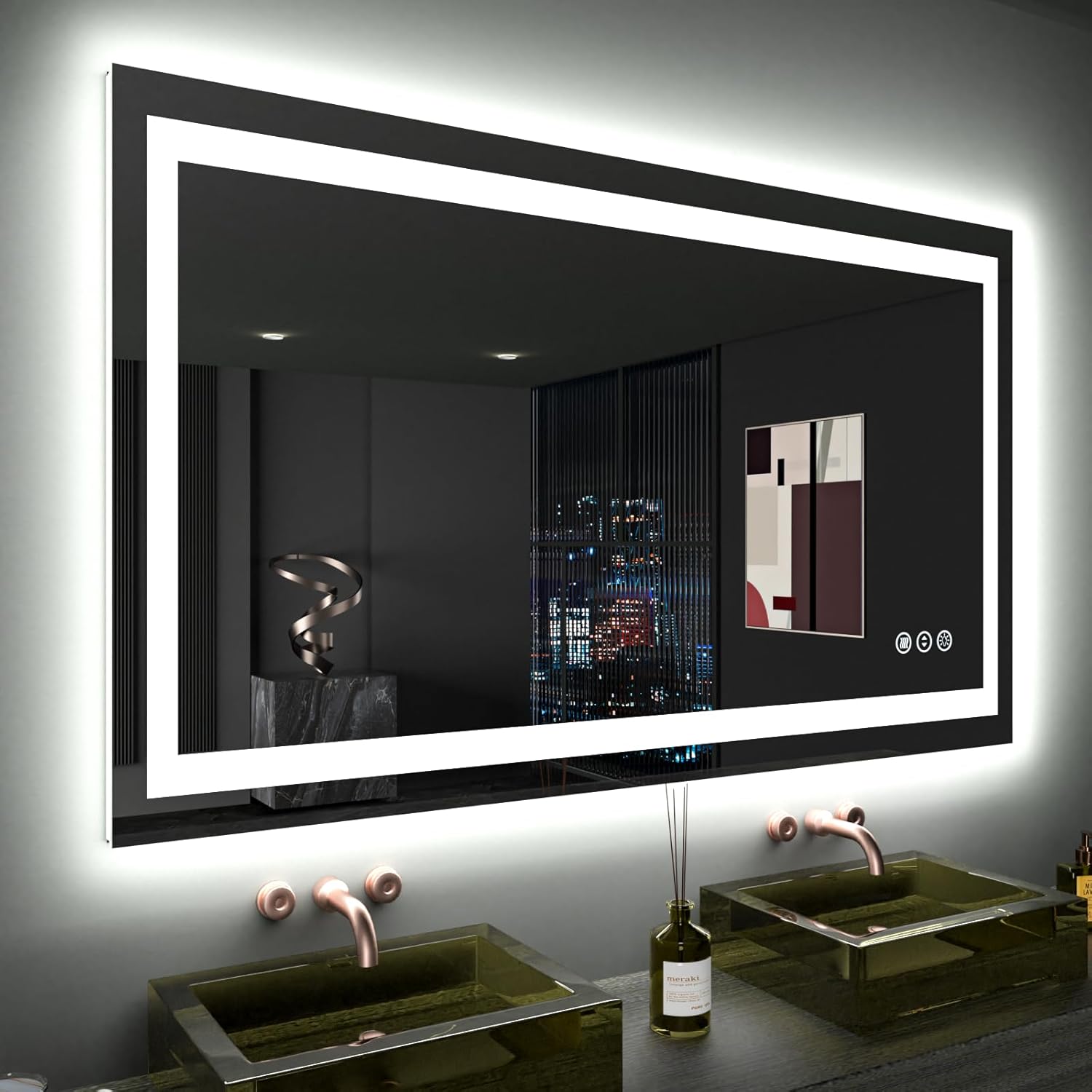 LOAAO 48-in W x 28-in H Frameless Rectangle Backlit and Frontlit Dimmable LED Lighted Fog Free Tempered Glass Bathroom Vanity Mirror