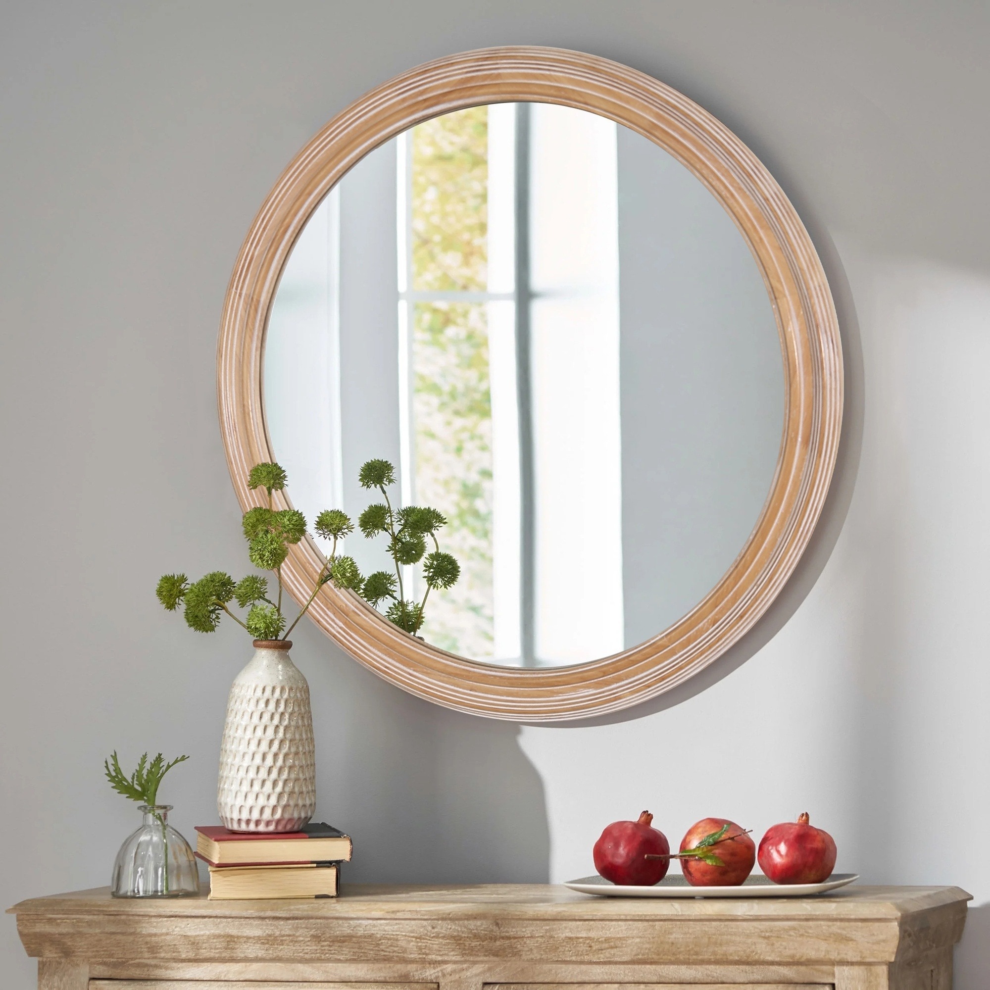 IAK 28 inch Antique Natural Wooden Farmhouse Round Wall Mirror with Distressed Vintage Frame