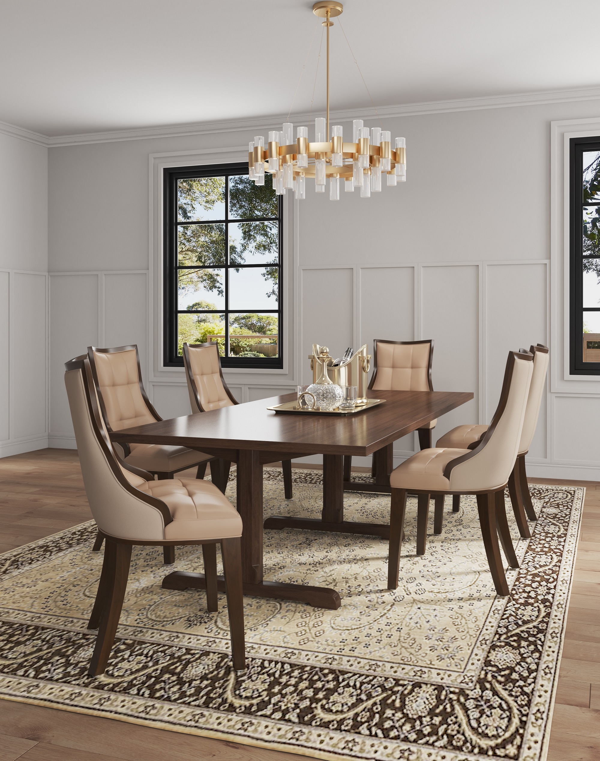 Manhattan Comfort 2-DC008-TN Traditional style gets a custom look. Sophisticated, opulent, and unexpectedly chic, this versatile dining chair’s classic design is elegantly simple, accented by dignified rectangular channeling on the seat and back.