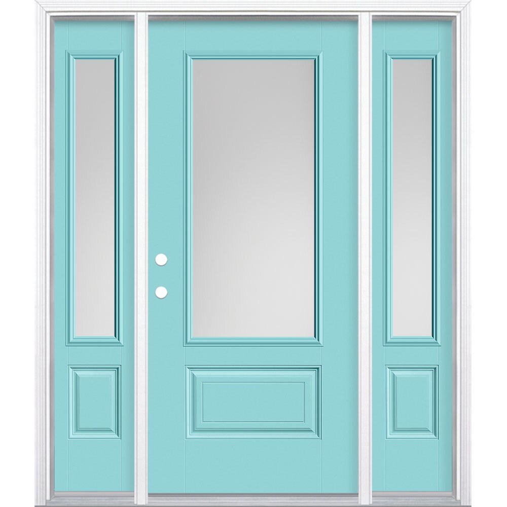 Masonite 629426 64-in x 80-in x 4-9/16-in Fiberglass 3/4 lite Right-hand inswing Caribbean Blue Painted Prehung Front Door with Sidelights with Brickmould Insulating core