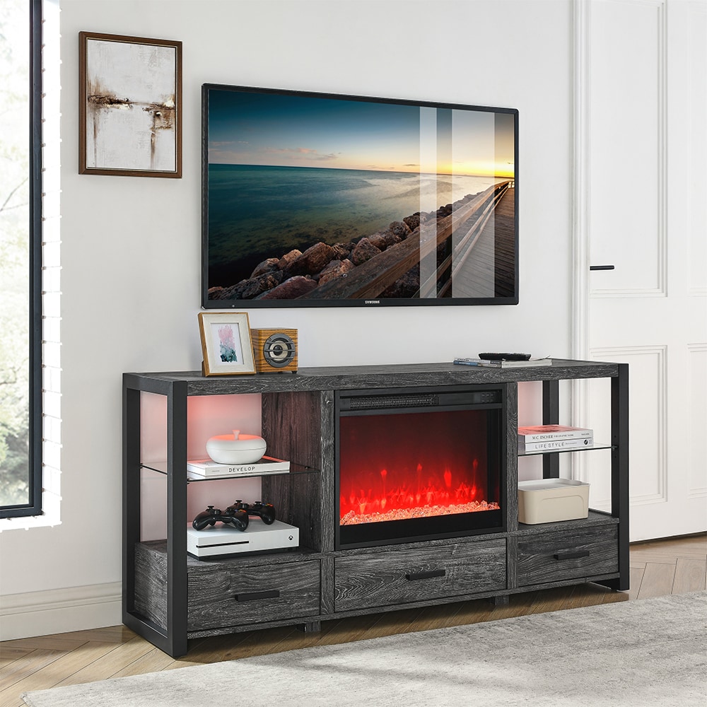Sunrinx MG63-2-GSD 60-Inches W Black TV Stand with Fan-forced Flat wall Electric Fireplace with Remote Control Included