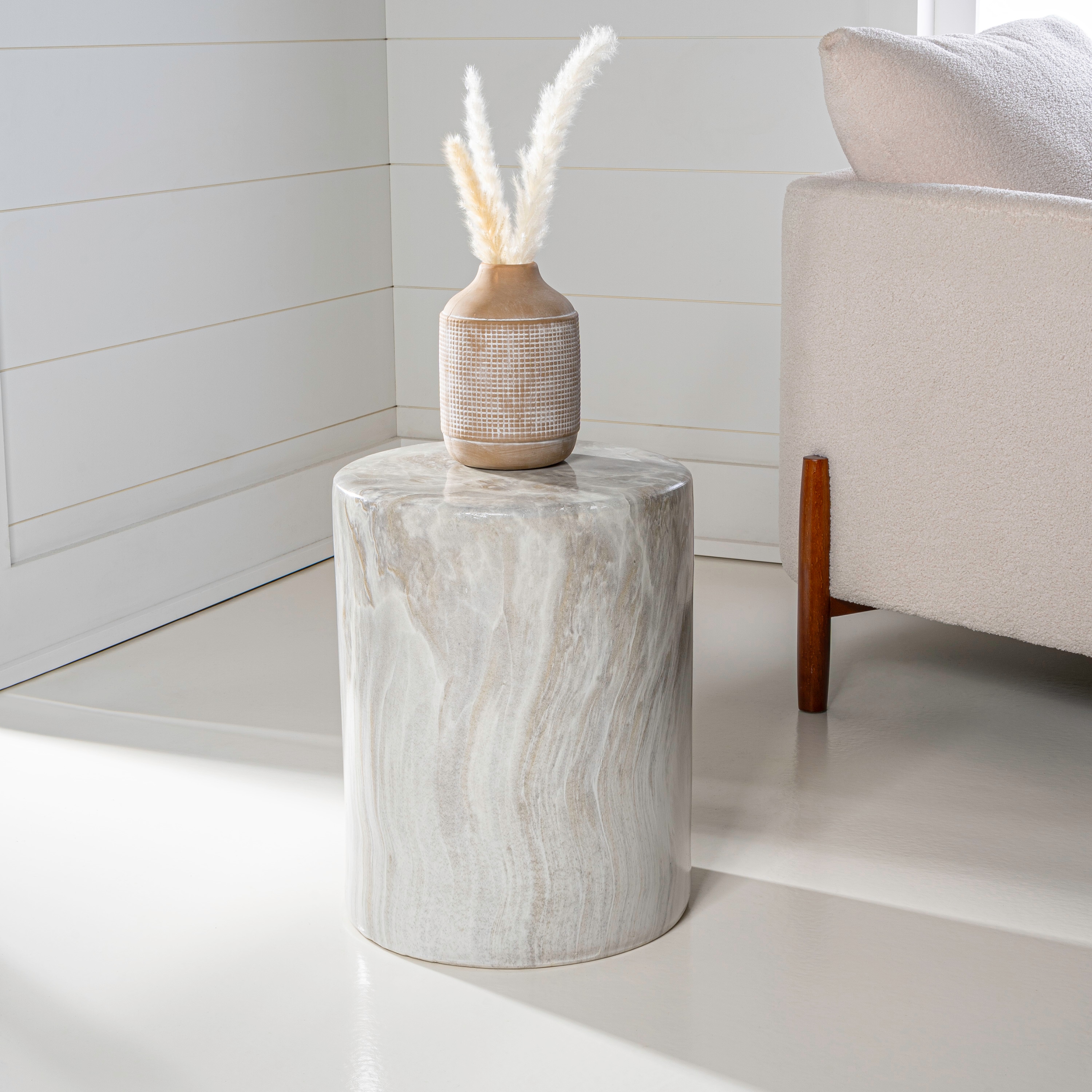 JONATHAN  Y TBL1101A Troy Modern Faux Marble Column Round Outdoor End Table 13-in W x 13-in L