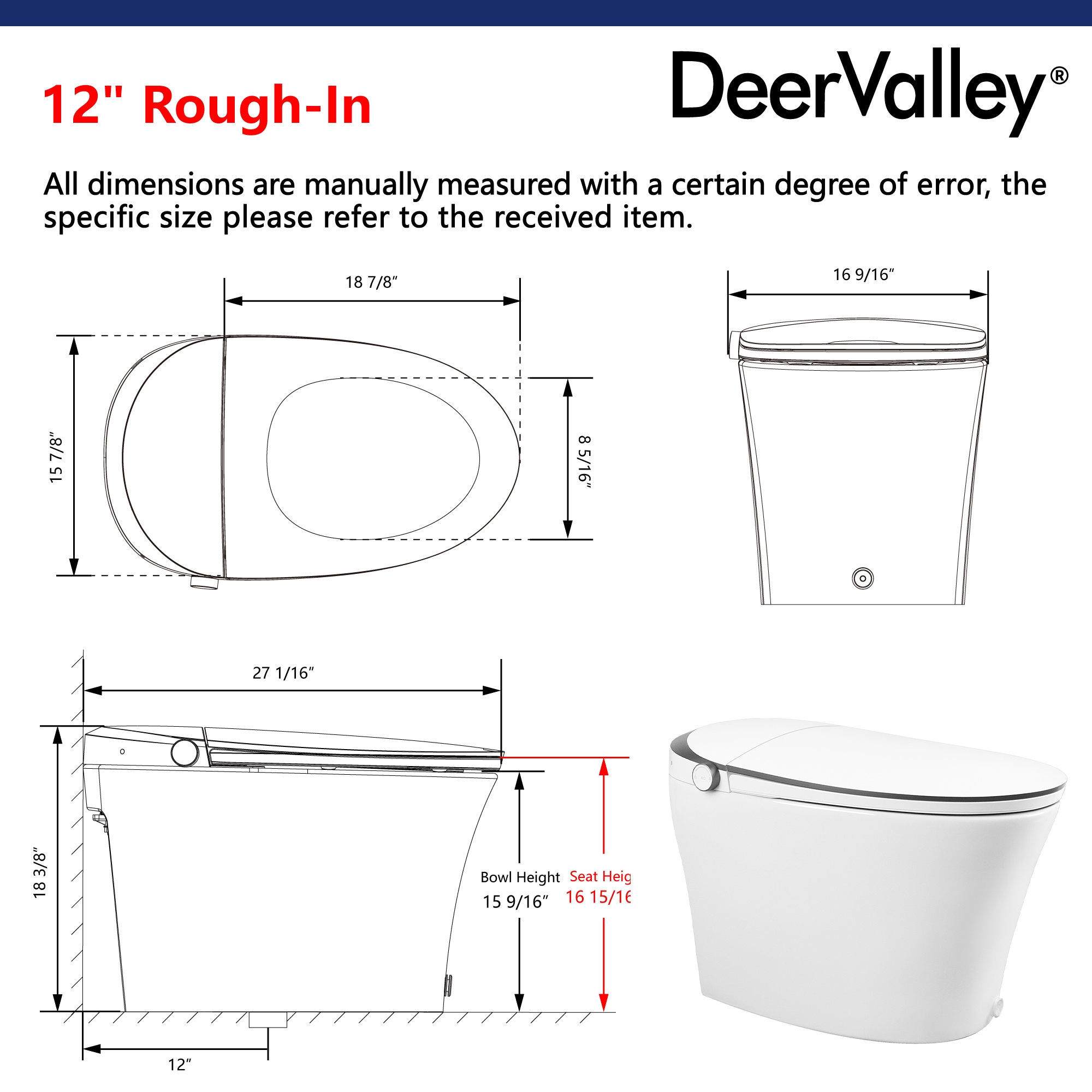 DeerValley White Touchless Flush Elongated Standard Height Smart Soft ...