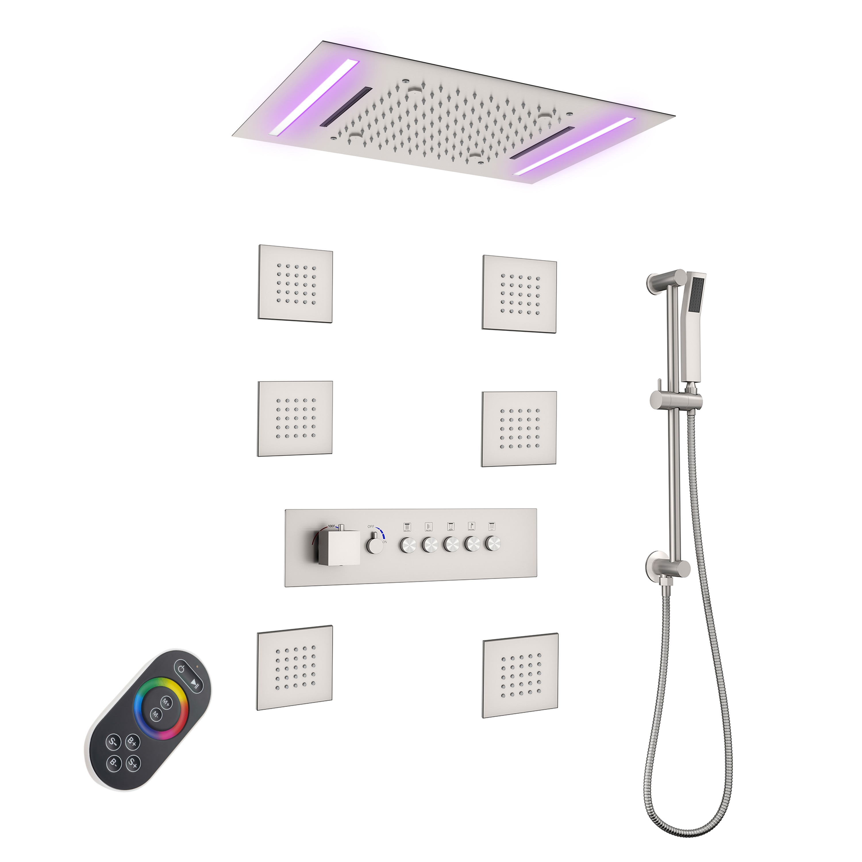 Mondawe WF-6368-20-NB Luxury Thermostatic LED Brushed Nickel 20-in Waterfall Built-In Shower Faucet System with 3-way Diverter ( Thermostatic Valve Included )