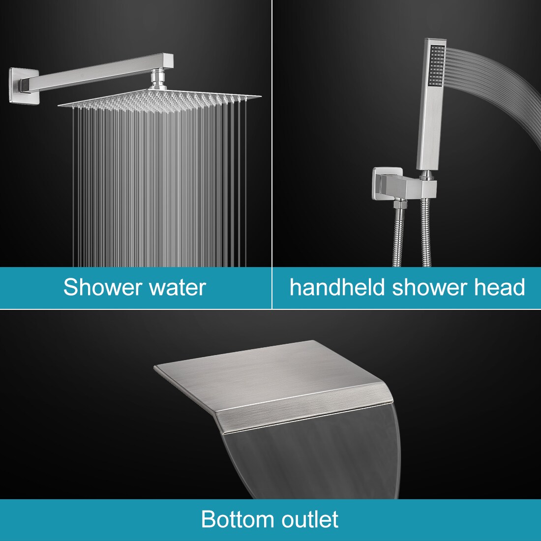 Brushed Nickel 12-Inch Square Rain Shower System with Handheld and Tub Spout