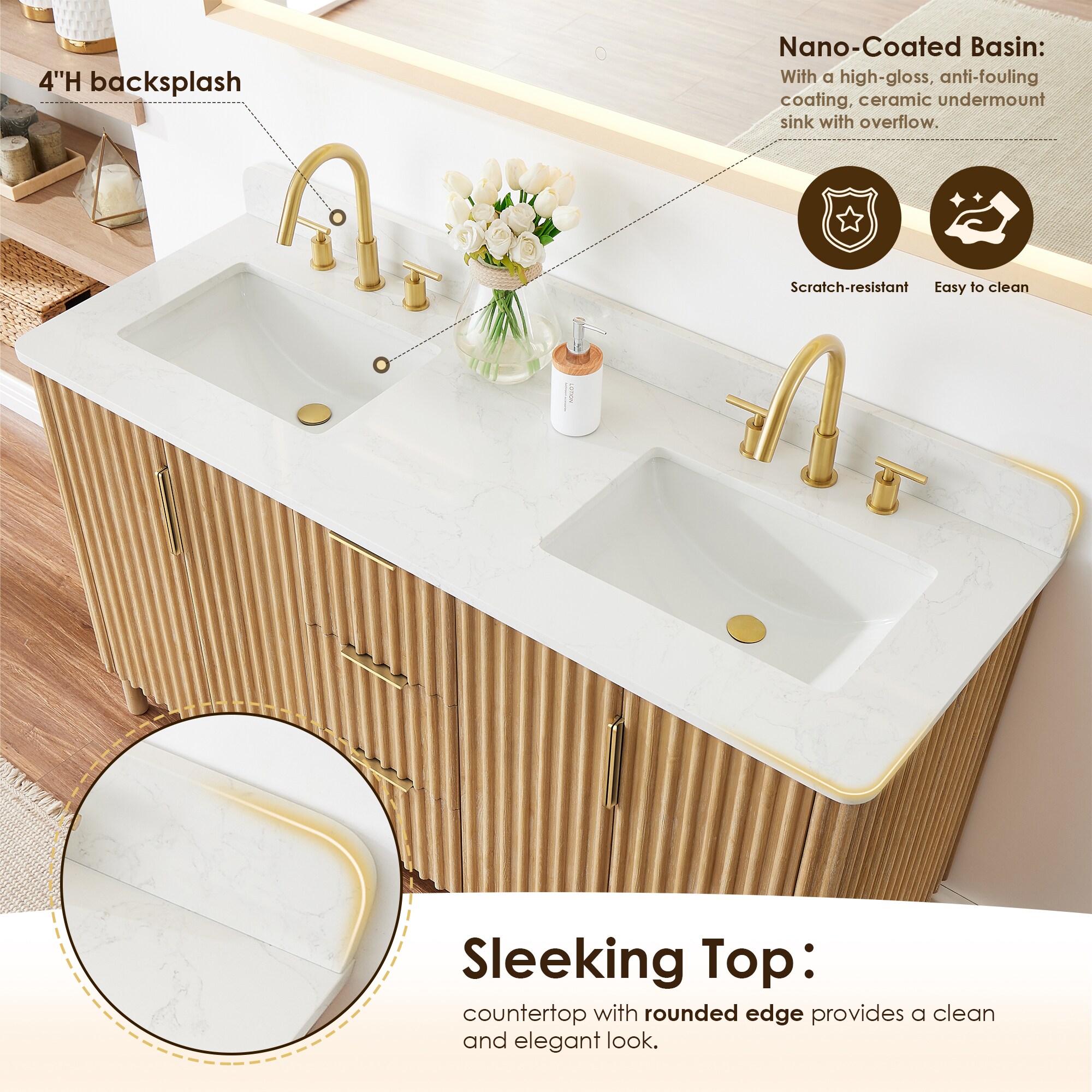 Sierra 60" Washed Light Brown Double Vanity with Engineered Stone Top