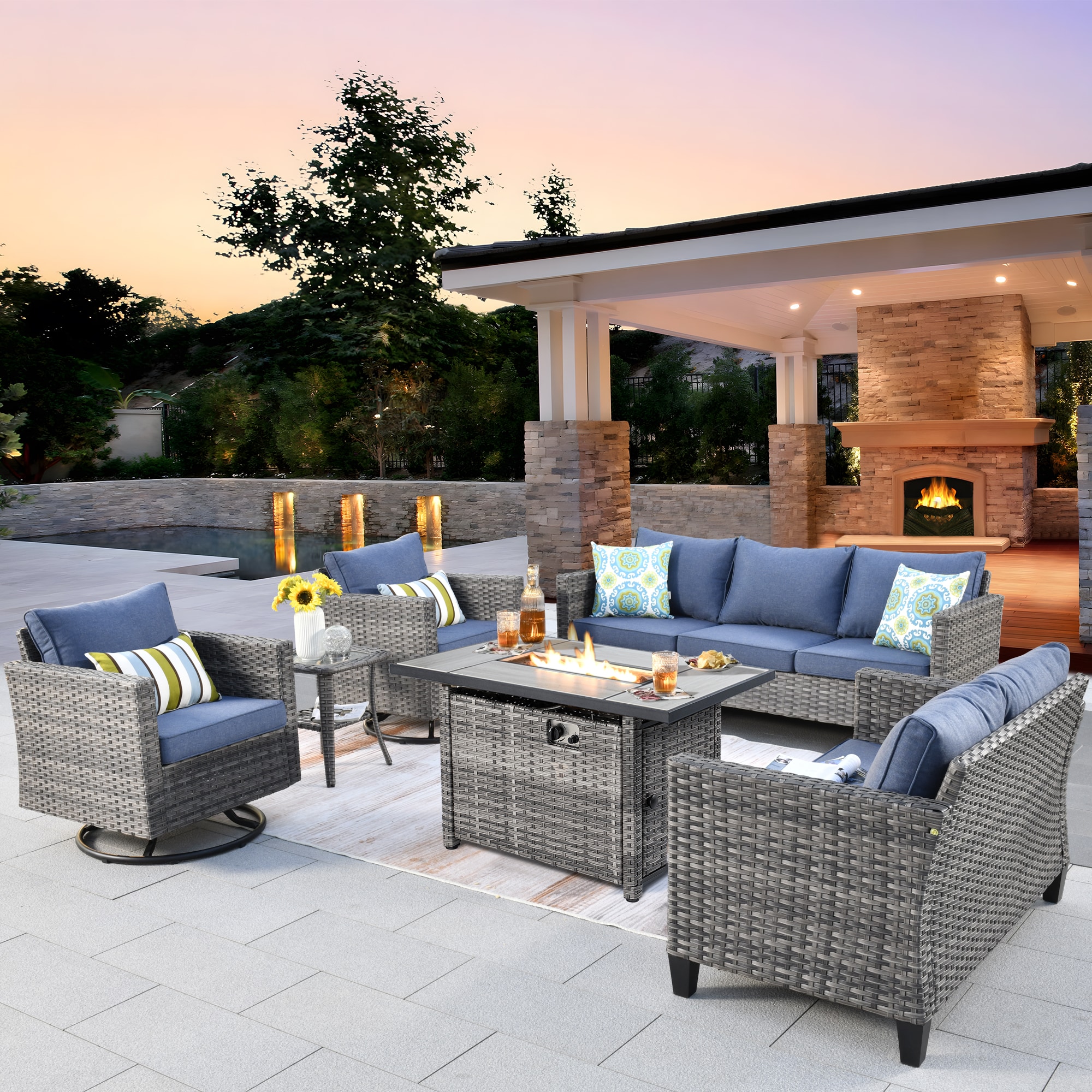 Pouuin SRFPYZGRS308 6 -Piece Wicker Patio Sofa Conversation Set with Blue Cushions