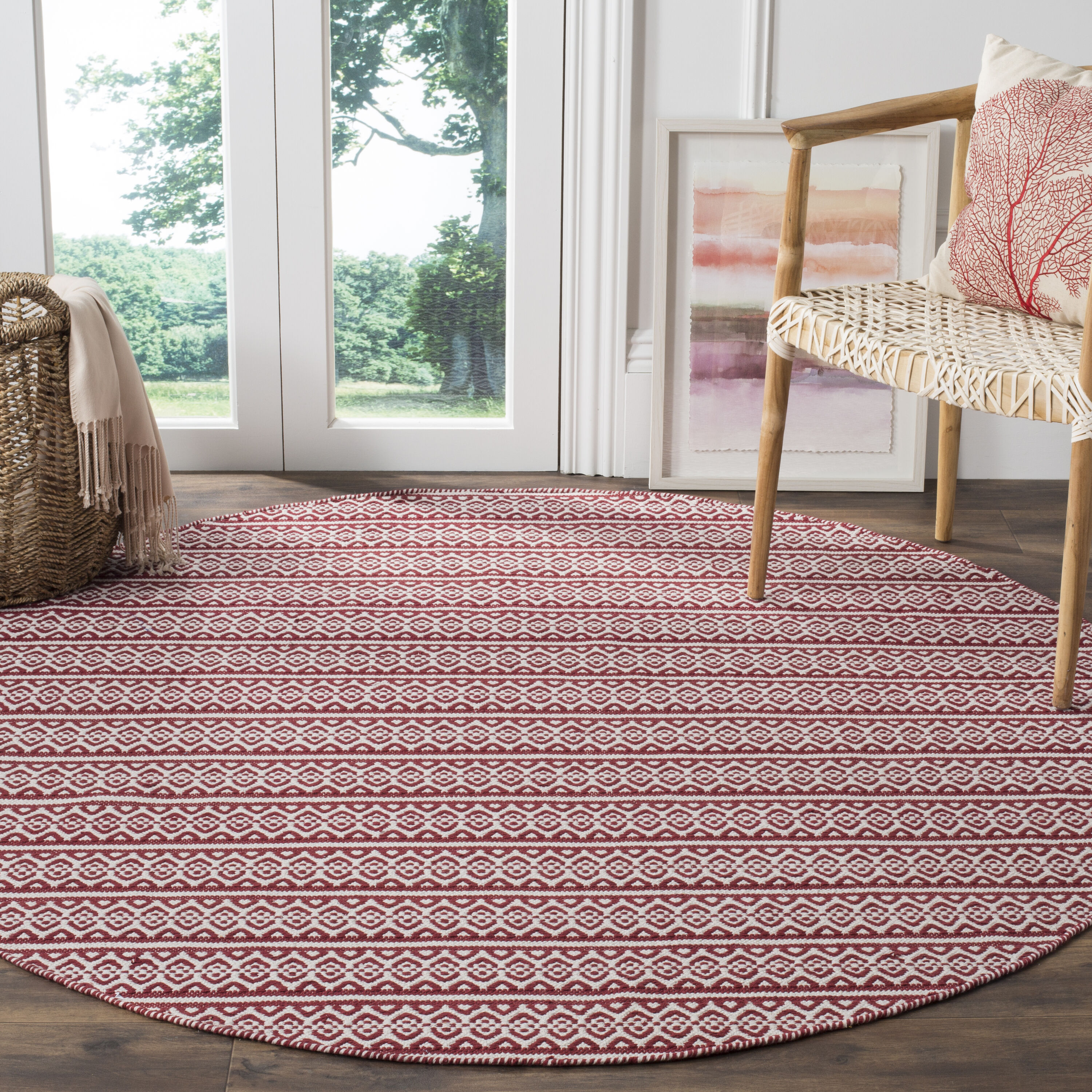 Safavieh MTK341C-6R Montauk Burleigh 6 x 6 (ft) Cotton Ivory/Red Round Indoor Abstract Coastal Area rug