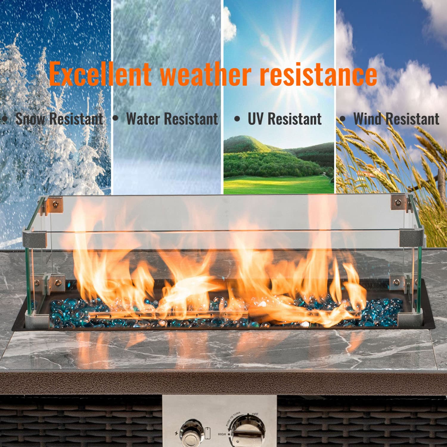 42-Inch Brown Wicker and Marble Gas Fire Pit Table