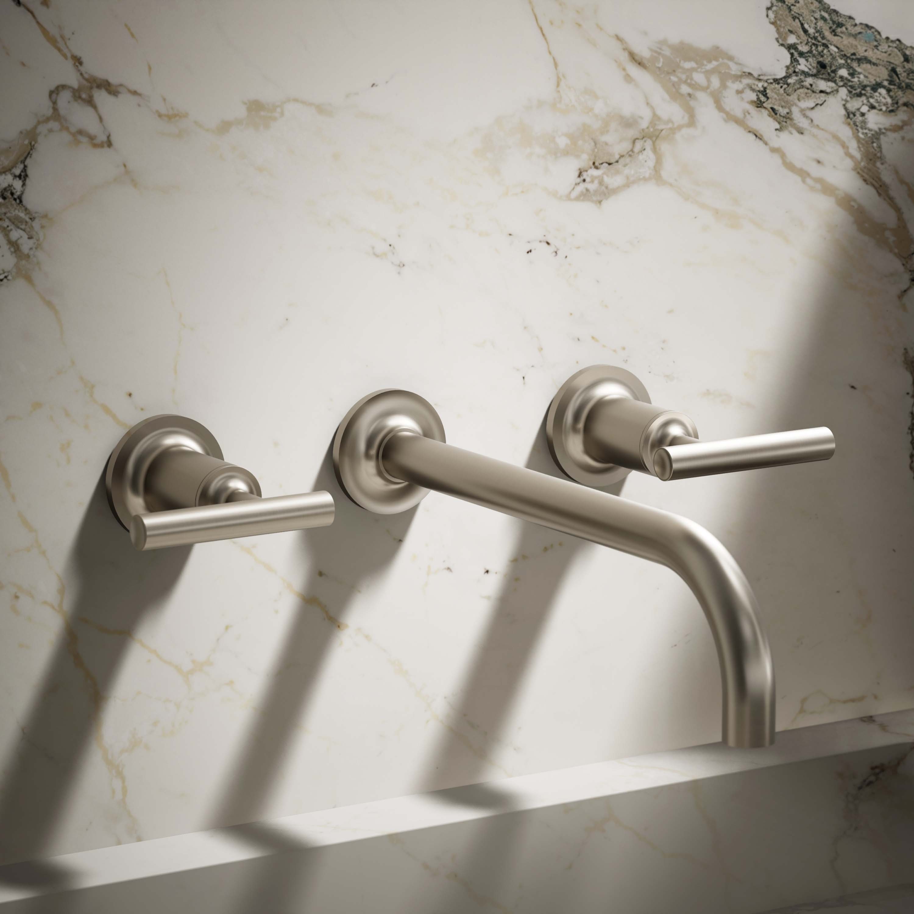KOHLER T14414-4-BN Purist Vibrant Brushed Nickel Wall-mount 2-handle WaterSense Mid-arc Commercial/Residential Handle Bathroom Sink Faucet