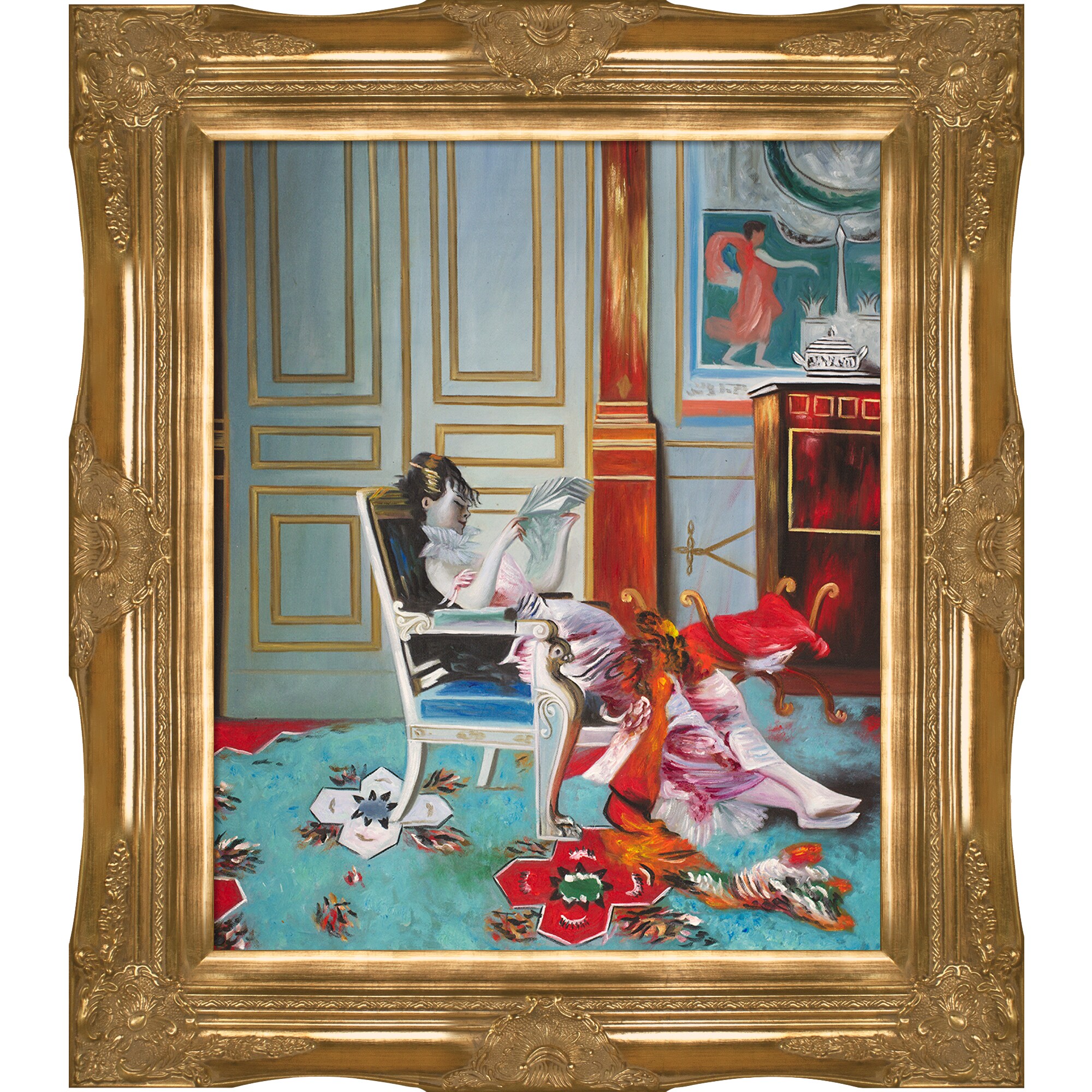 La Pastiche 688576546759 Girl Reading in a Salon, 1876 Giovanni Boldini Gold Wood Framed 28-Inches H x 32-Inches W People Canvas Hand-Painted Painting