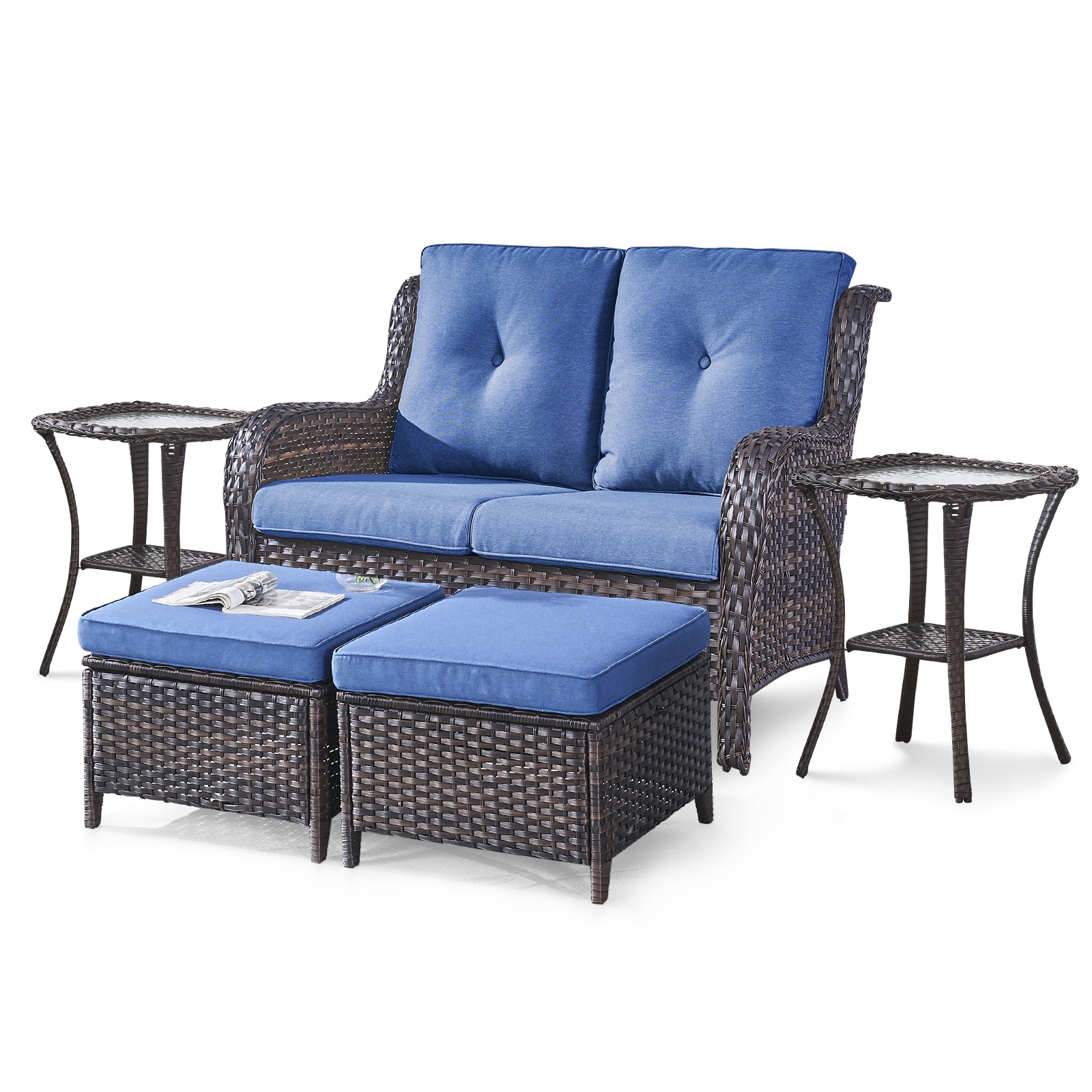 Rilyson FS038014025X2-1 Curved armrest 5 -Piece Wicker Patio Conversation Set with Blue Cushions