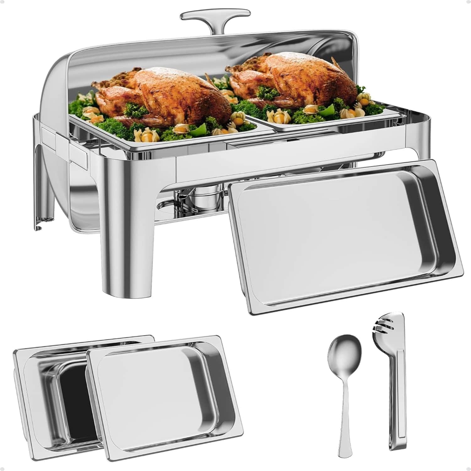 Qeetex LSHQPIS-00Q1OE6U 9QT Roll Top Chafing Dishes for Buffet Stainless Steel Food Servers and Warmers 1 Full Sized Pan