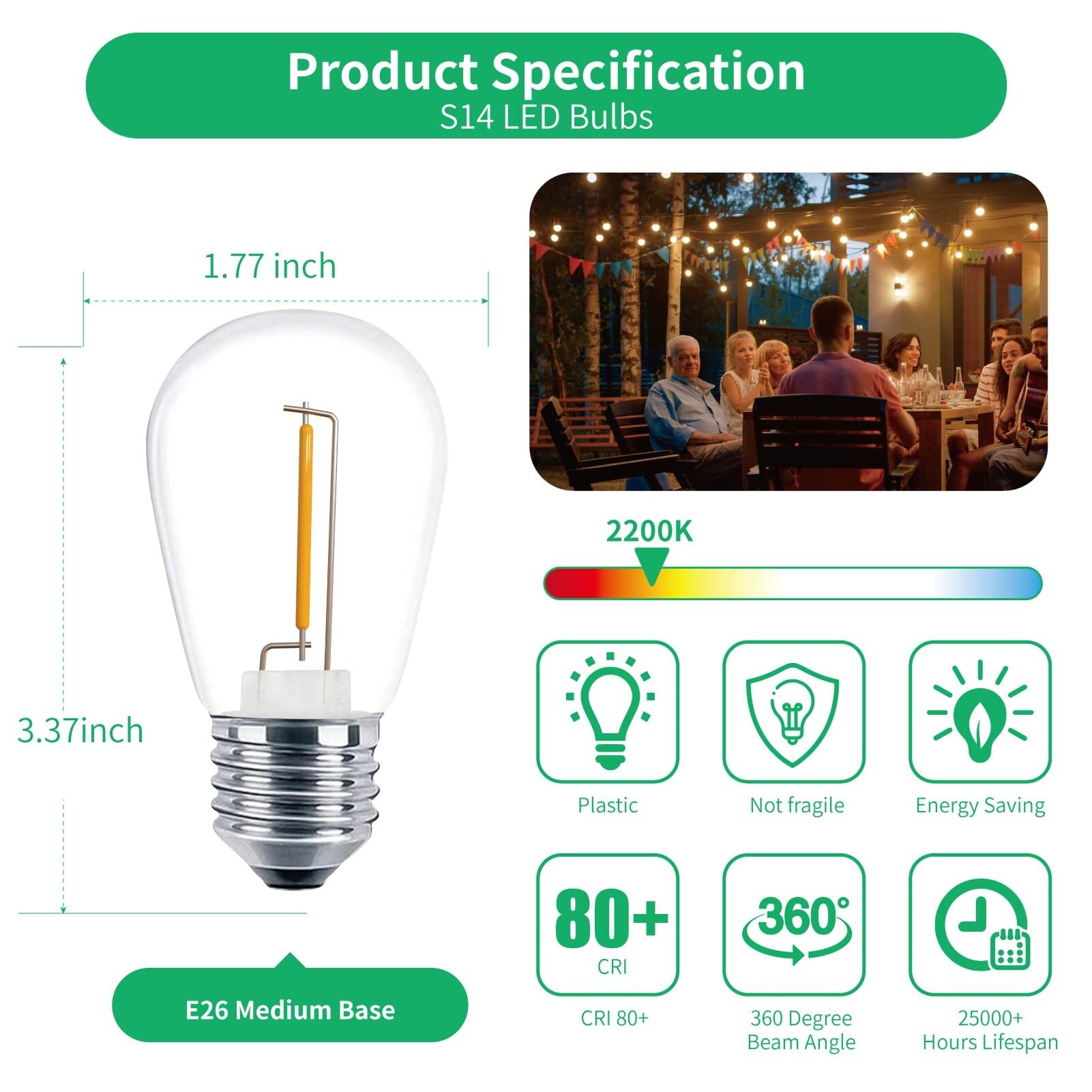Vrbgify 48 pack S14 LED String Light Bulbs 1 Watt Shatterproof Warm ...