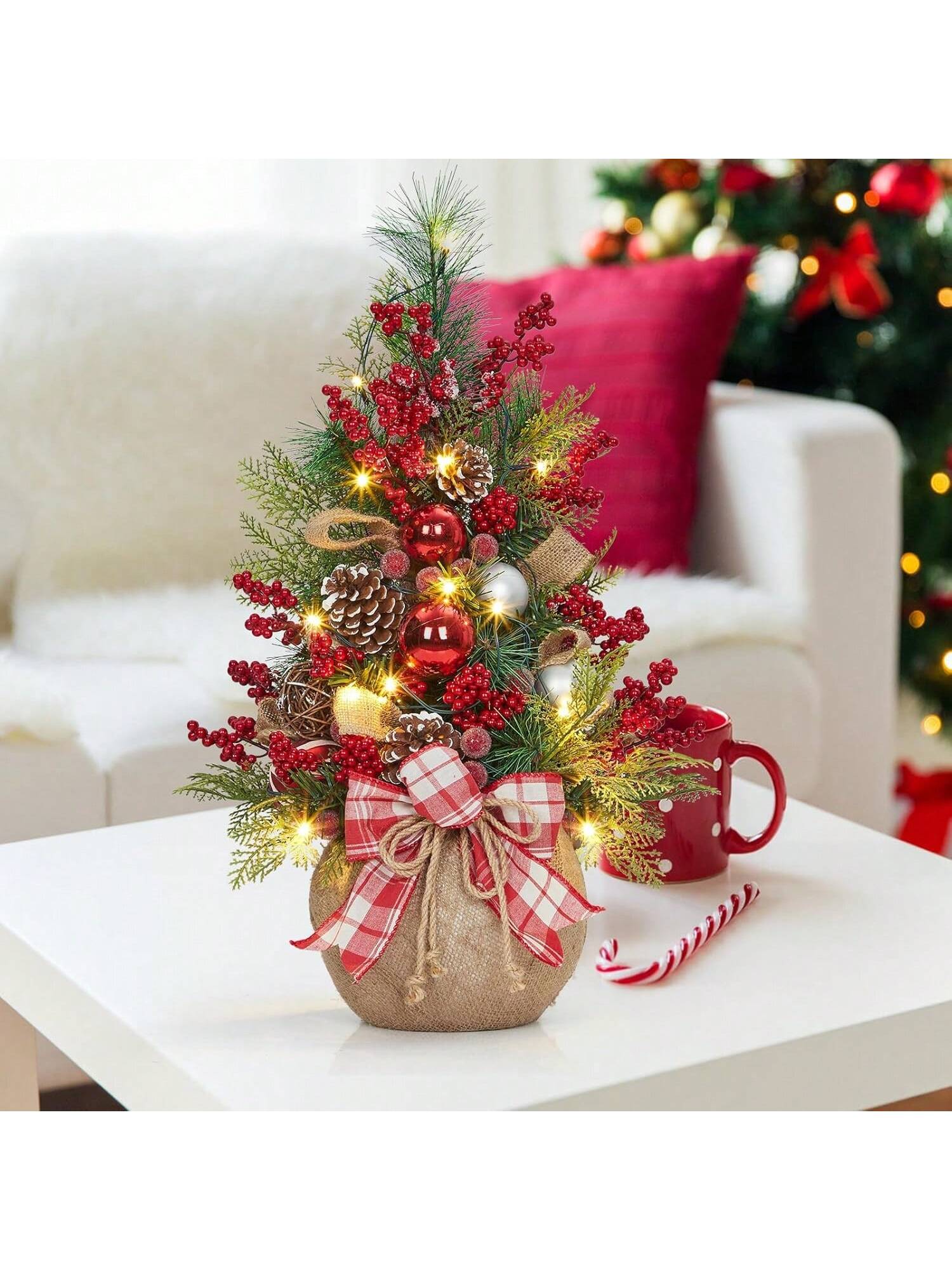 Qeetex BY-PHK-348QJPLY 24 Inch Small Christmas Tree Prelit Tabletop Mini Christmas Tree Lighted Artificial Xmas Tree With Red And White Berries Holiday Decoration For Home Table Party