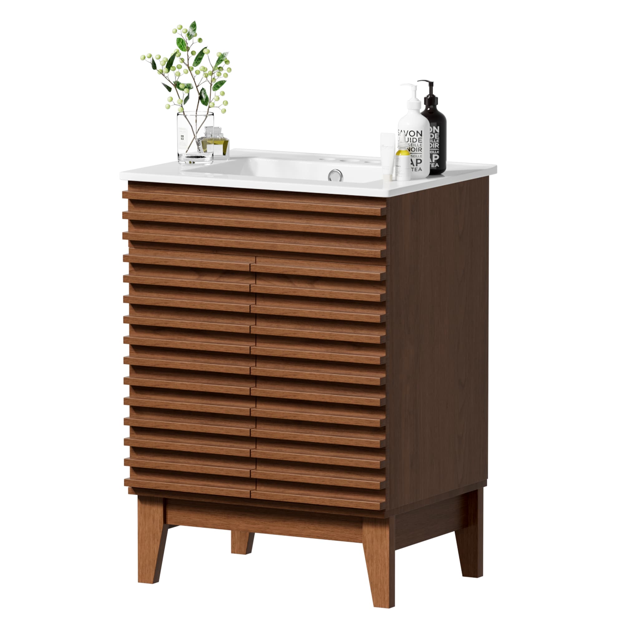 LOVMOR LO-B93800537A-1-ZJL 24-in W Walnut Freestanding Bathroom Vanity with Undermount Ceramic Sink and 2-Level Storage