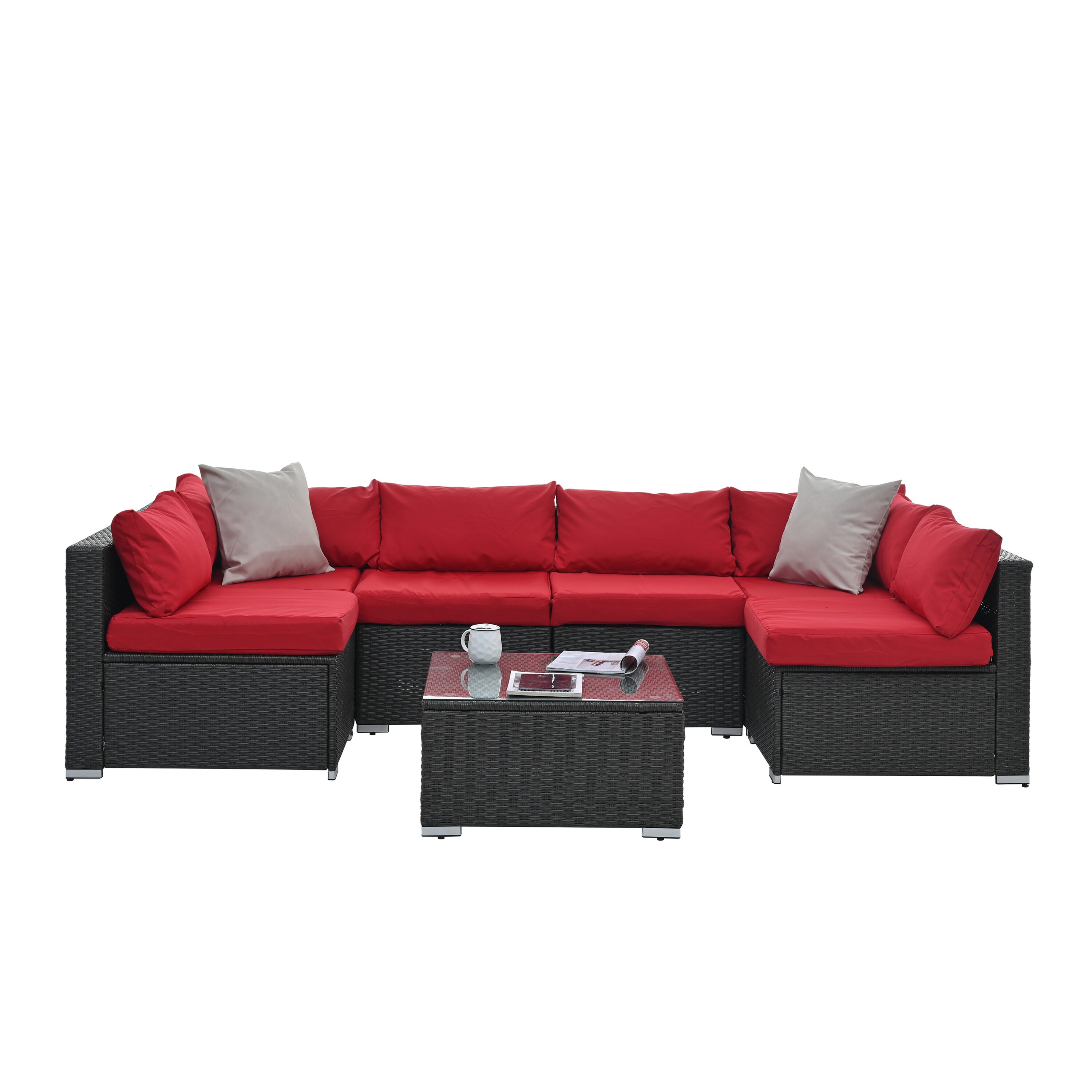 AHIOU HOME ZAAHG-S00034SF 7 -Piece Rattan Patio Conversation Set with Red Cushions