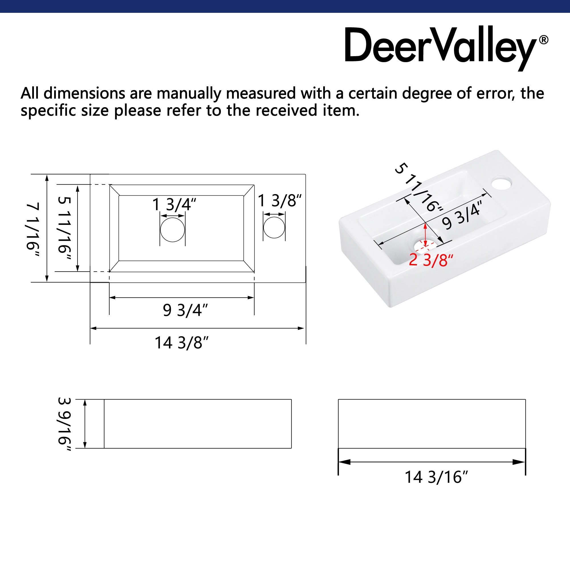 White Ceramic Rectangular Wall Mount Bathroom Sink