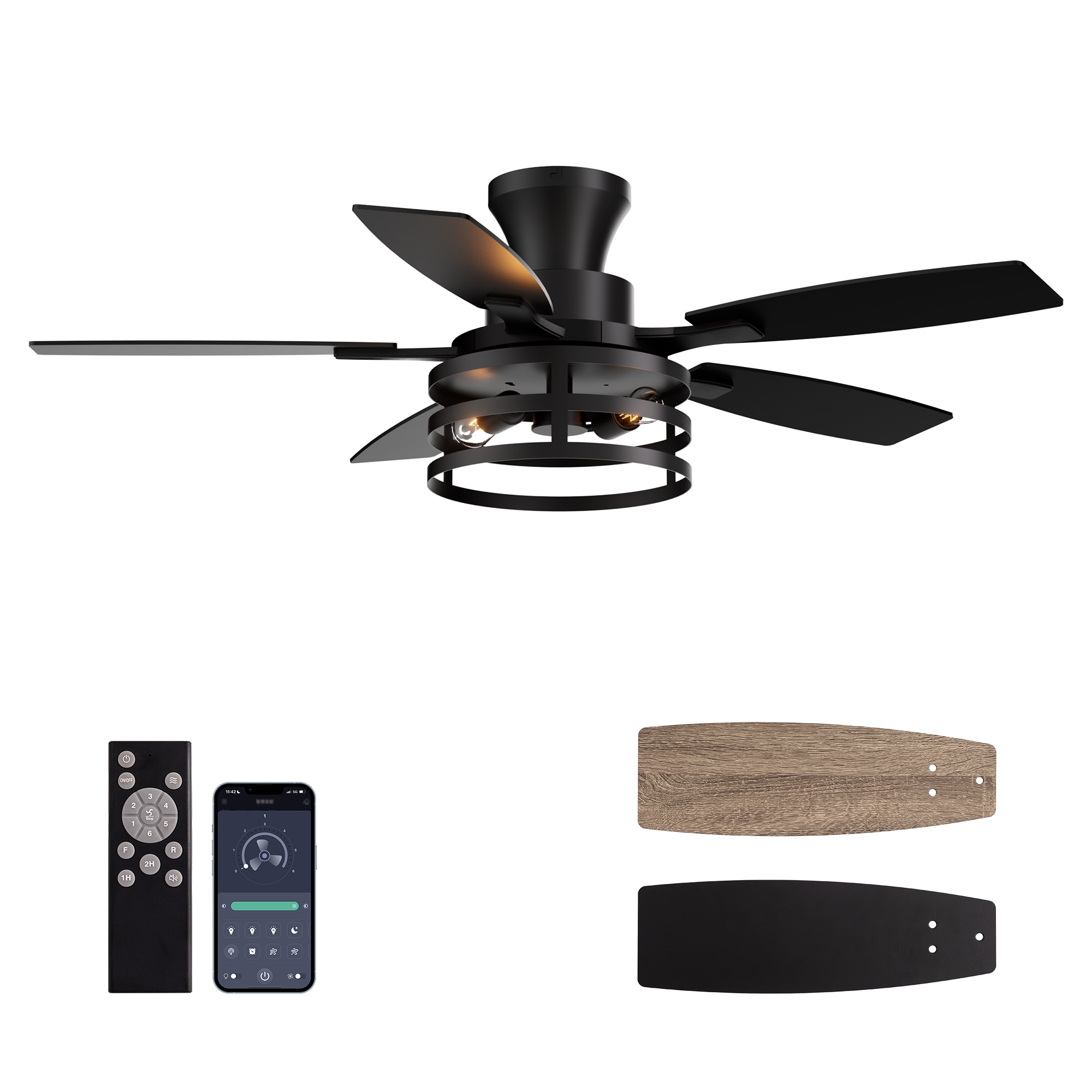SILJOY CFL-1177-03 42-In Flush Mount Farmhouse Matte Black Ceiling Fan with Lights(5 Blades and Low Profile Design )for Bedroom Living Room and Patio