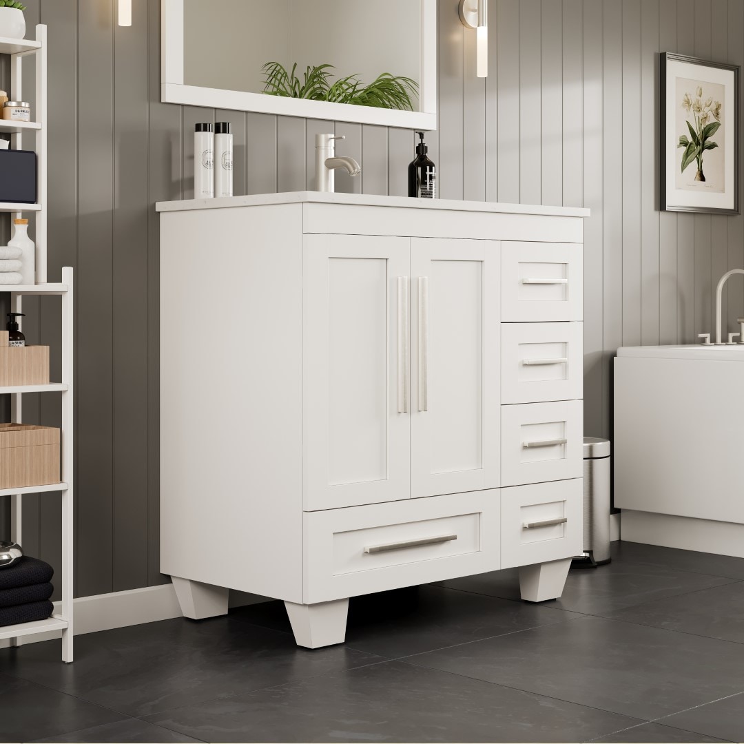 Eviva 30" White Wood Bathroom Vanity with Carrara Marble Top