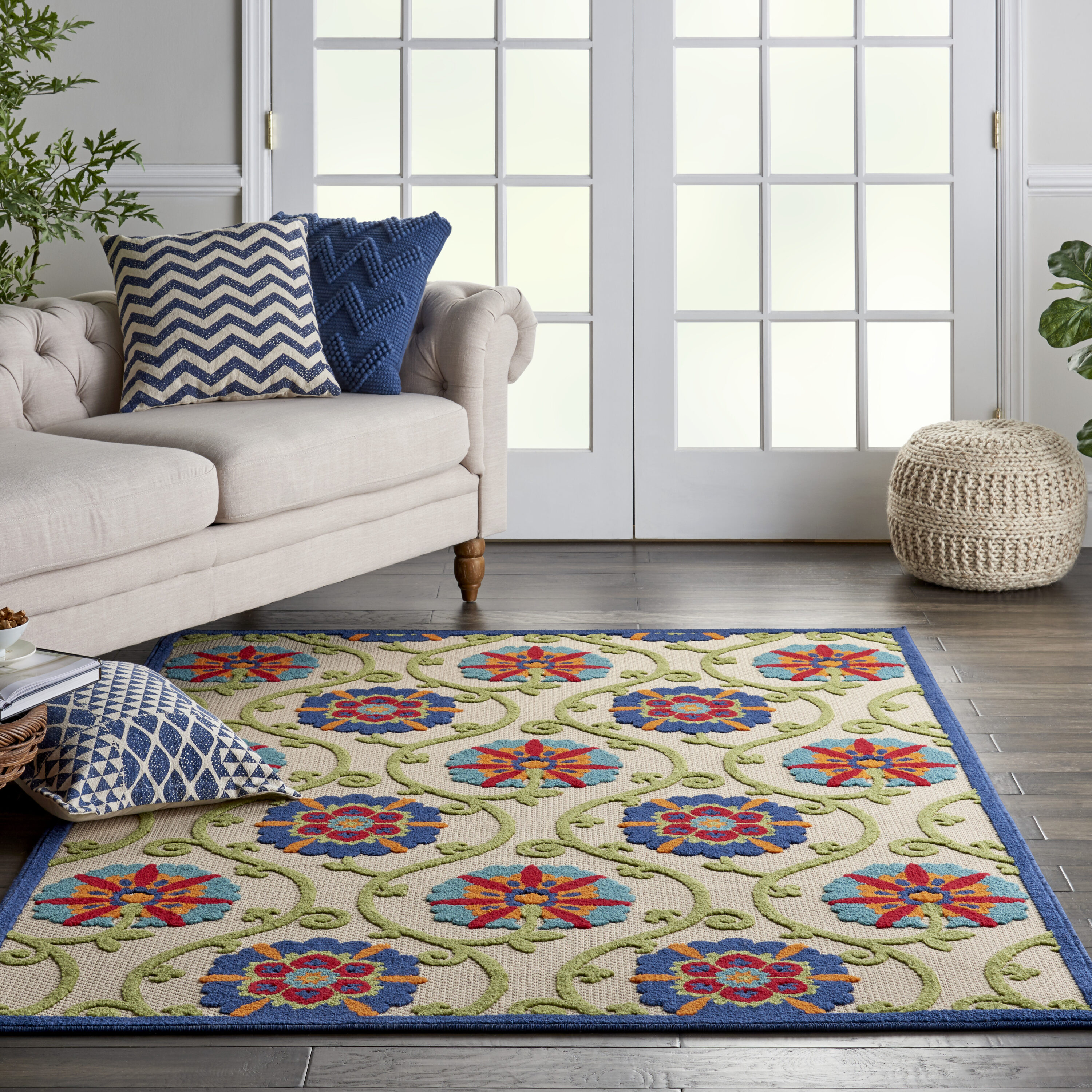 Nourison 99446498625 Aloha 5 x 8 (ft) Loomed Polypropylene Blue/Multicolor Rectangular Indoor/Outdoor Abstract Coastal Area rug