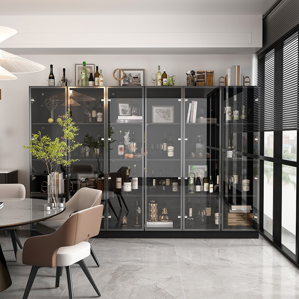 Homsee  Large Kitchen Cabinet and Wine Rack Display Cabinet with LED Lighting 12 Shelves and 6 Doors Sturdy Aluminum Frame and Tempered Glass for Dining Room Living Room and Kitchen Storage 94.5''W x 15.7''D x 63''H Black