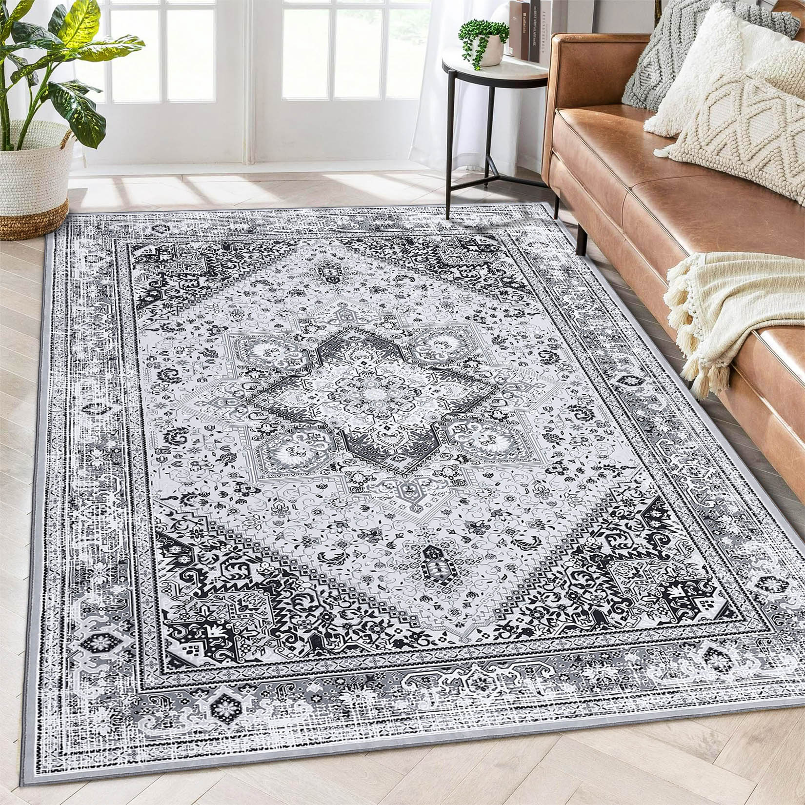 Garvee YXY-LO-PHO-0YZMVU79 4 x 6 (ft) Loomed Polyester Gray Rectangular Indoor Floral/Botanical Tropical Machine washable Area rug
