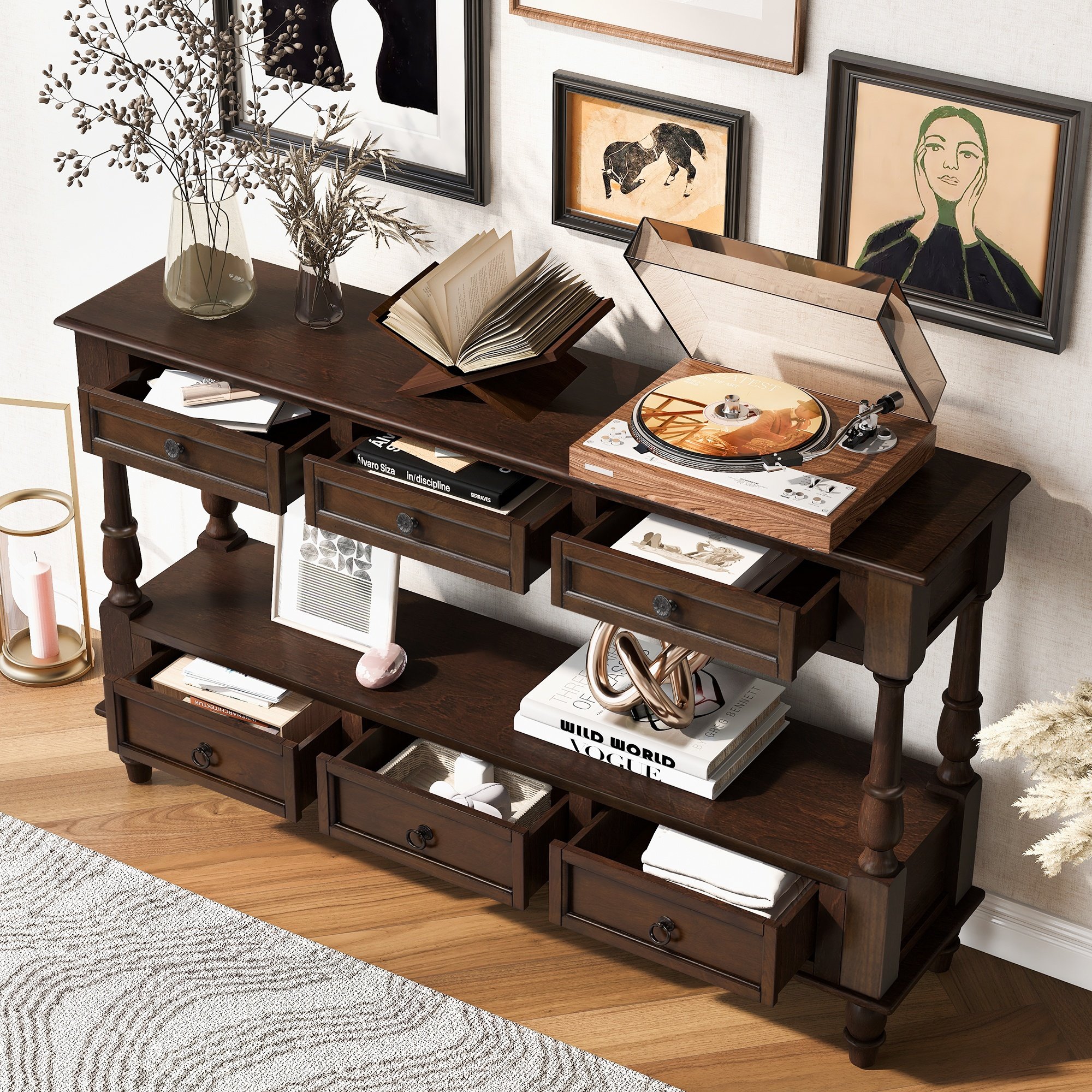 Horizons Prime 54 inch Espresso Pine Wood Console Table with 6 Drawers and Shelf for Living Room Hallway Entryway