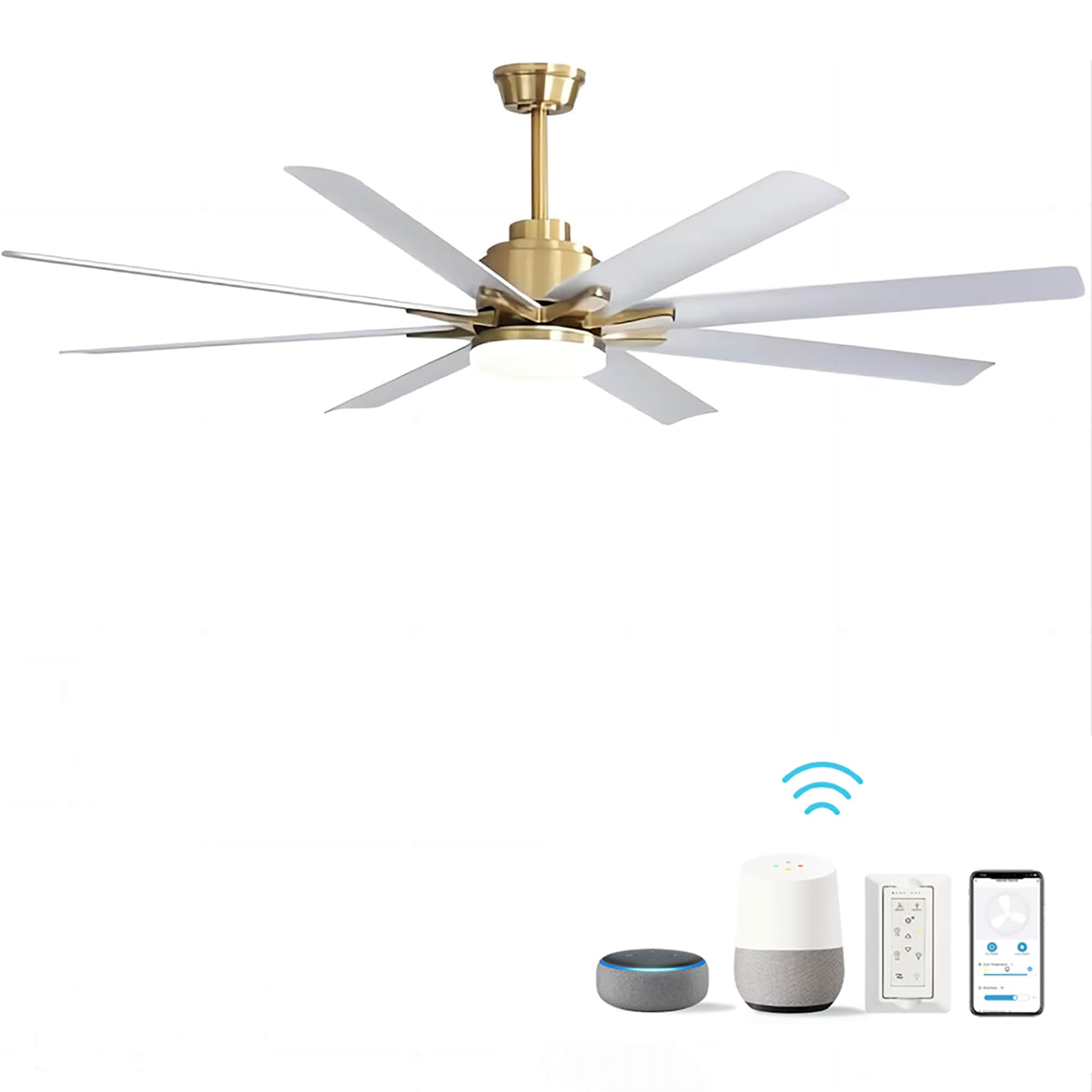 Fun Orange FUN25CF13 Large Ceiling Fan 66-in Color-Changing Integrated LED Outdoor Downrod or Flush Mount Smart Gold with White Blades Ceiling Fan With Light - Remote Included ( 8 -Blade )