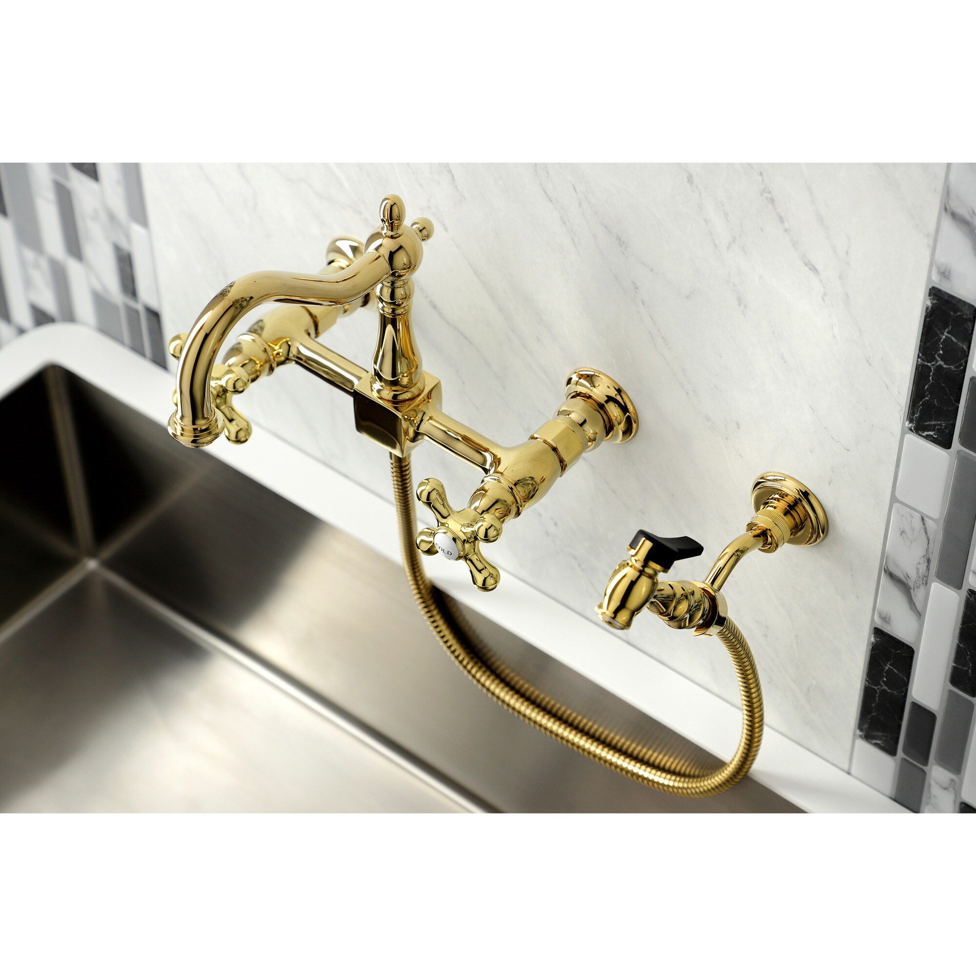 Kingston Brass WLKS1262AXBS Polished Brass Double Handle Wall-mount Kitchen Faucet ( Side Sprayer Included )