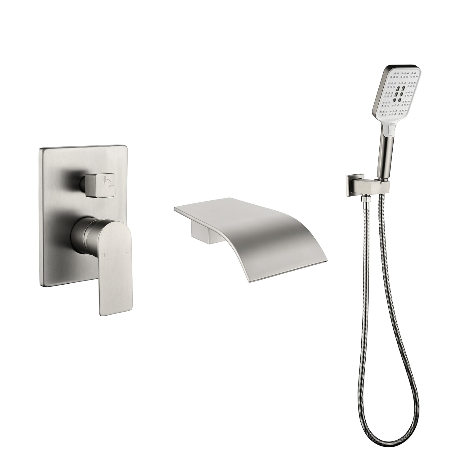 Vanityfus - Waterfall Bathtub Faucet with 7-Spray Handheld Shower Head-Brushed Nickel