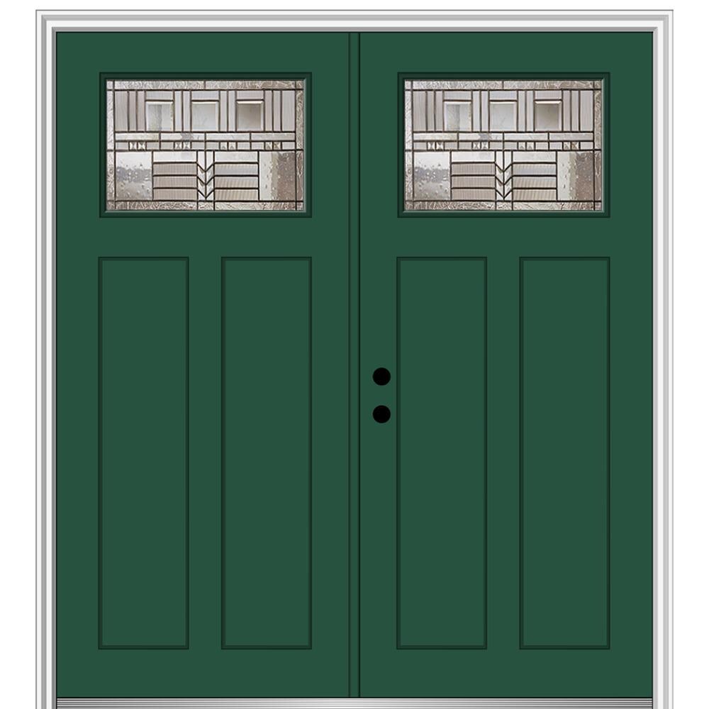MMI DOOR ZZ3664955R 64-in x 80-in x 4-9/16-in Fiberglass Craftsman Right-hand inswing Hunter Green Painted Prehung Double Front Door with Brickmould Insulating core