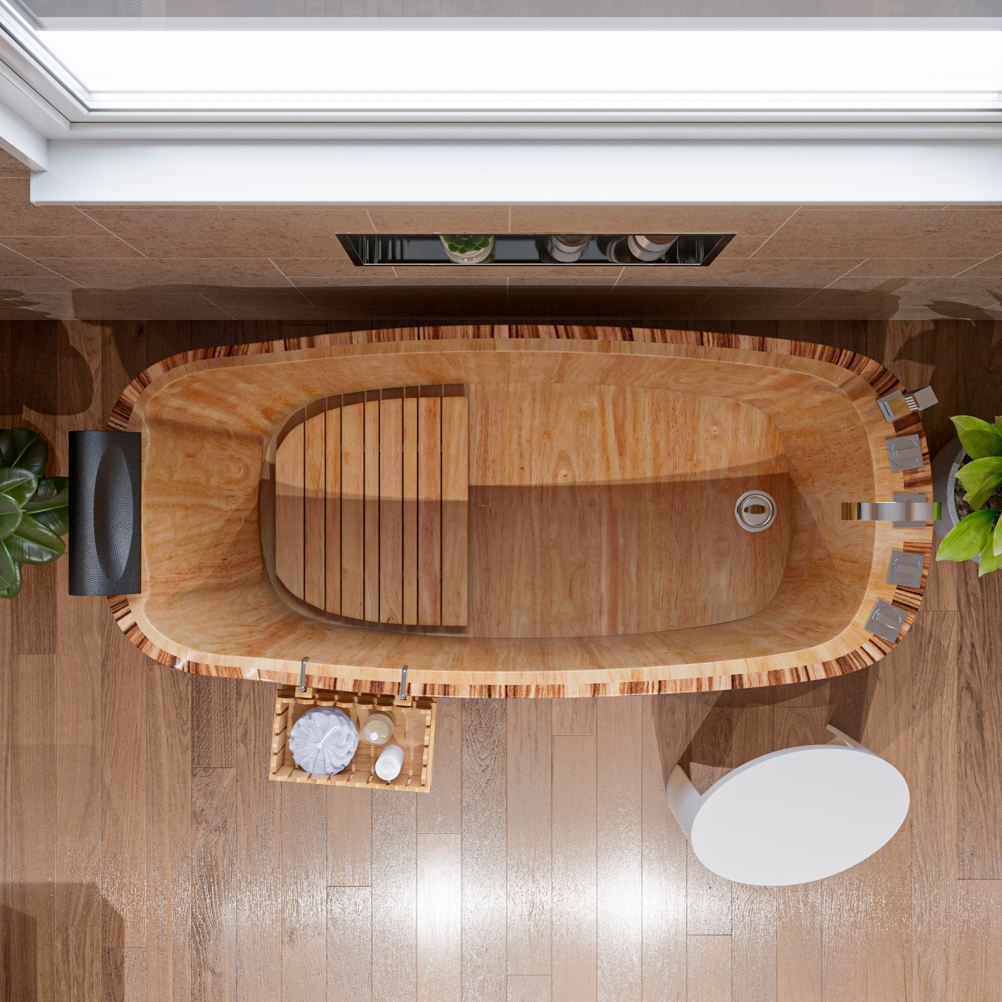 Natural Wood Freestanding Soaking Bathtub with Chrome Faucet
