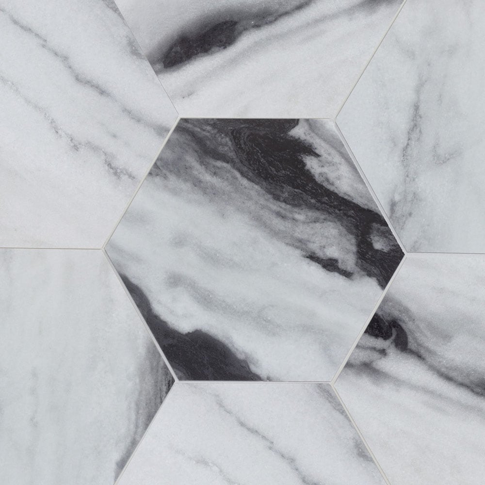 Peel&Stick Tile LW22081171 Peel and Stick Panda Hex White, Black 6-in x 7-in Matte PVC Marble Look Hexagon Mosaic Wall Tile (0.237-sq. ft/ Piece)