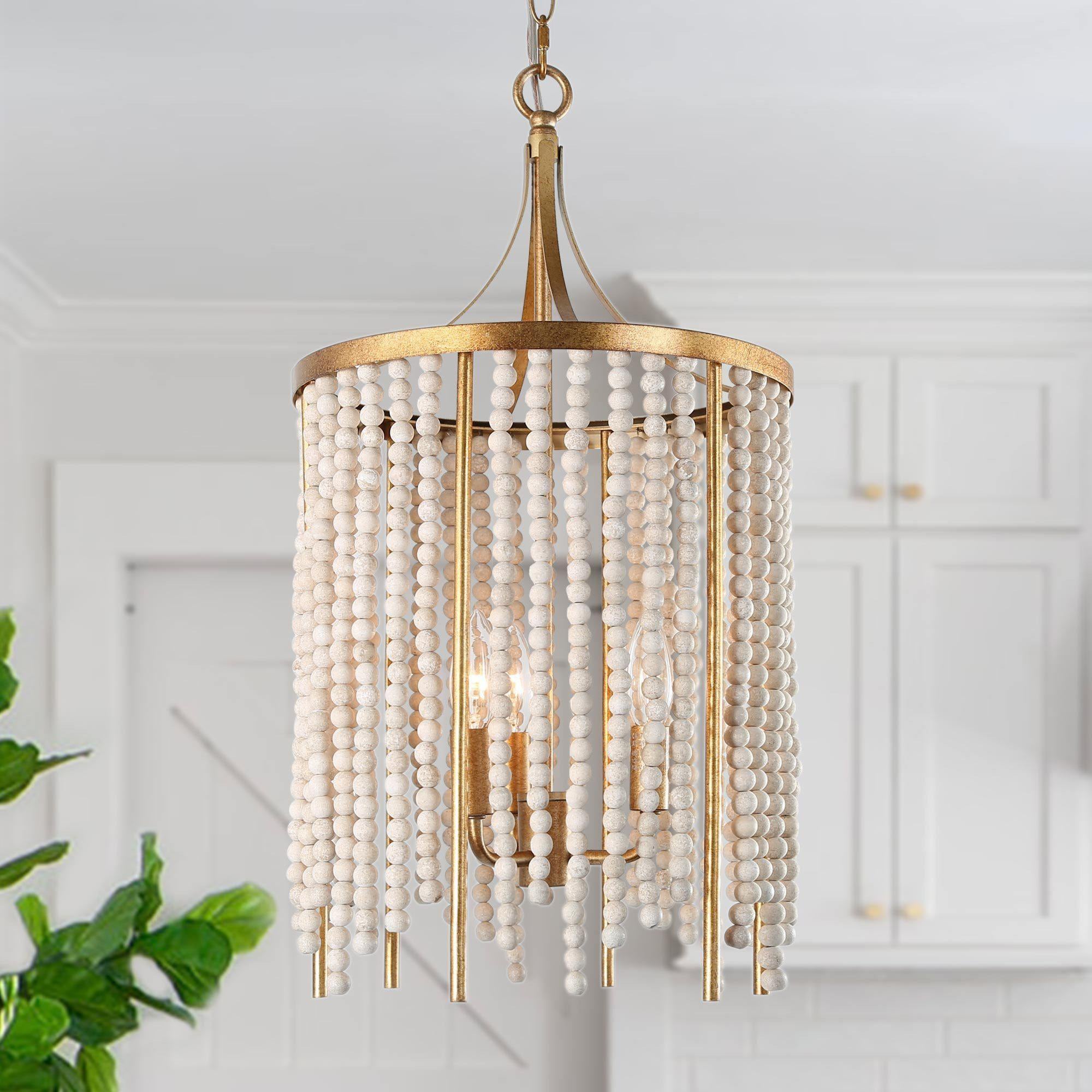 Uolfin MAIENE-LWS24233-D7 Cecilia 3 -Light Antique Gold Bohemian/global Beaded Wood For Use in Bedrooms, Dining Rooms, Foyers, Kitchens, Living Rooms Chandelier