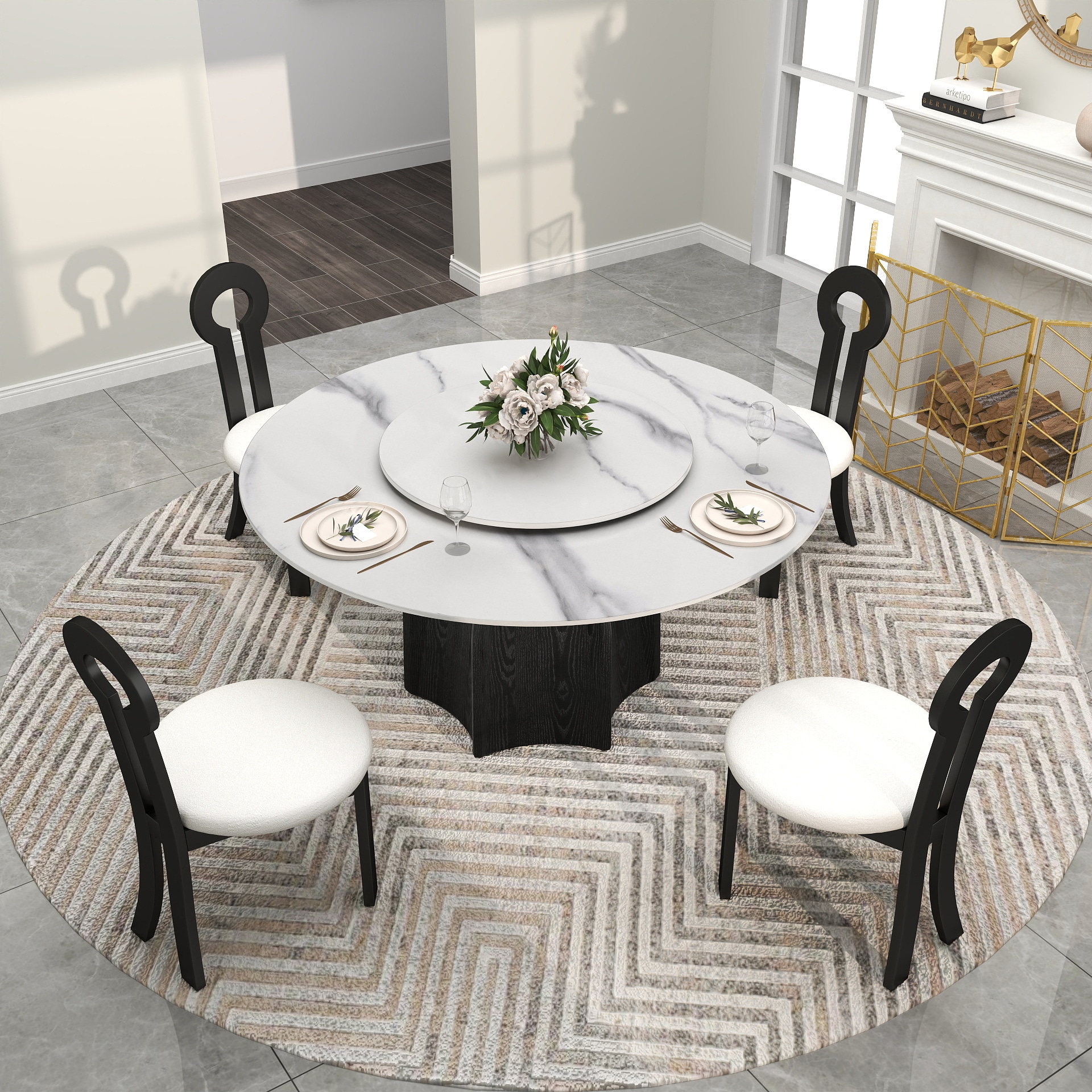 BuotiqHom DH-AT-150W80W-7B 59 in. White + Lazy Susan Round Farmhouse Dining Table, Ceramic with Painted Metal Pedestal Base 59-in L x 29.5-in H