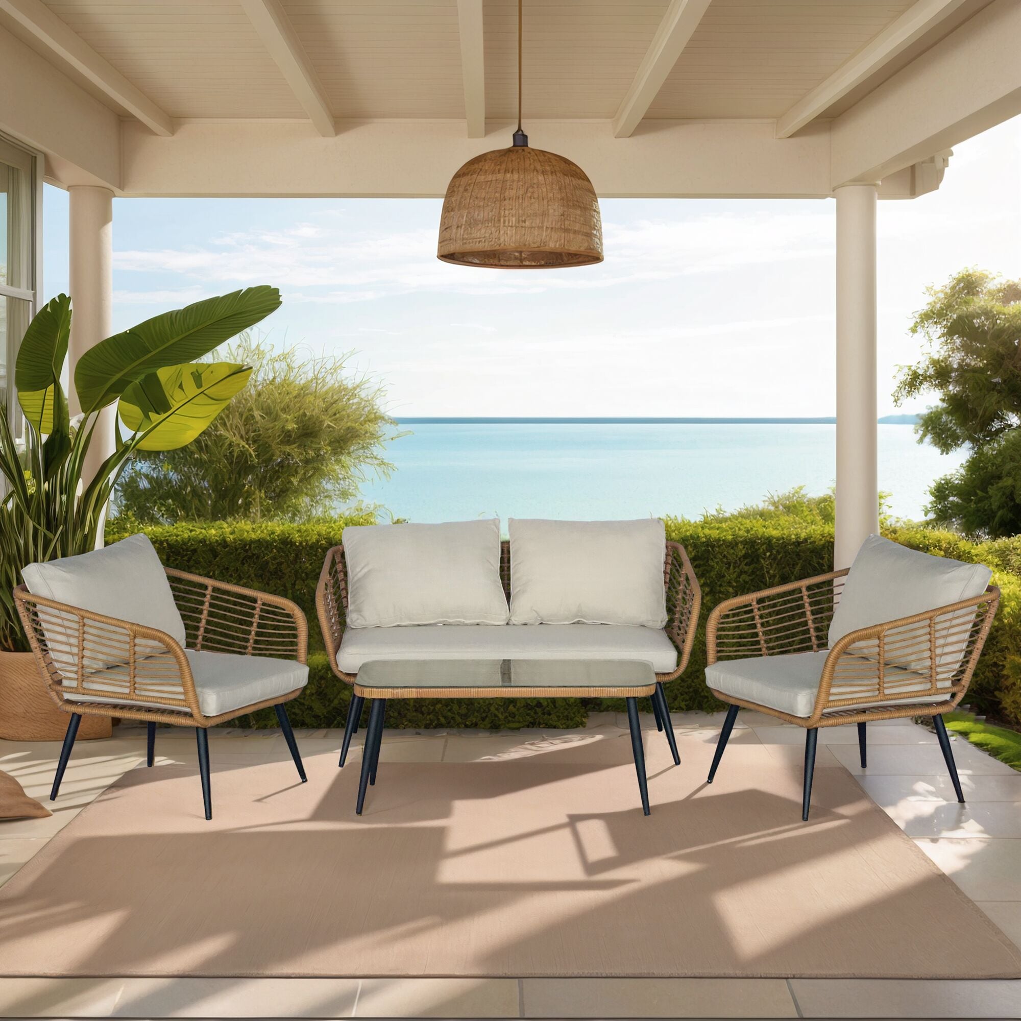 Grearden ZHSFV006-BG 3 -Piece Wicker Patio Conversation Set with Off-white Cushions