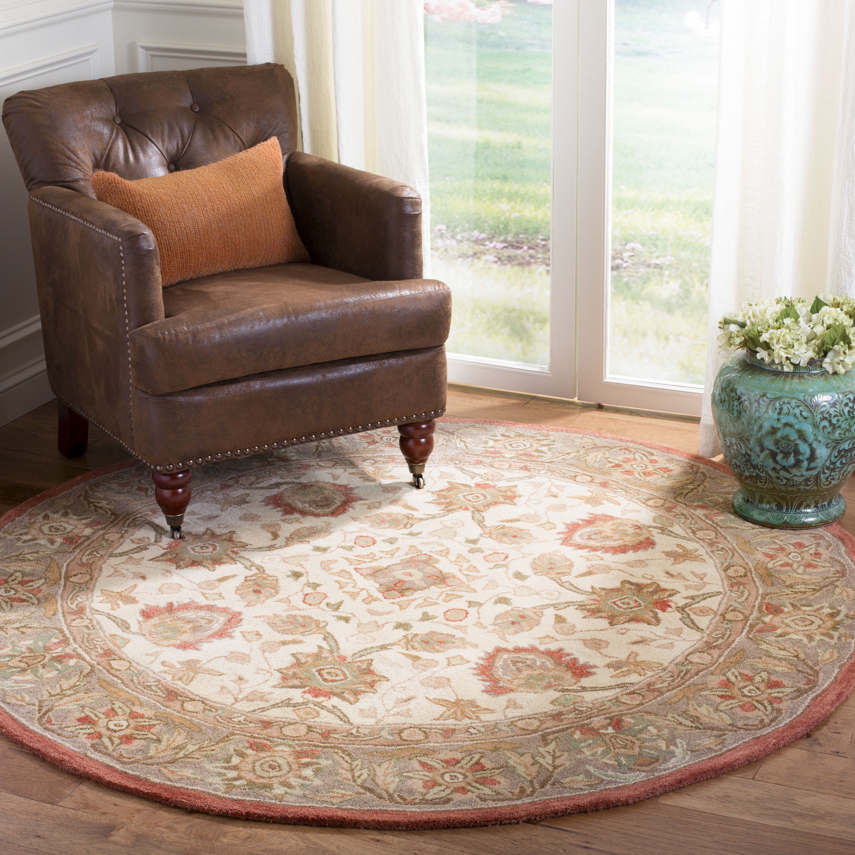 Safavieh AN512E-8R Anatolia Rumi 8 x 8 (ft) Tufted Wool Beige/Rust Round Indoor Floral/Botanical Vintage Area rug