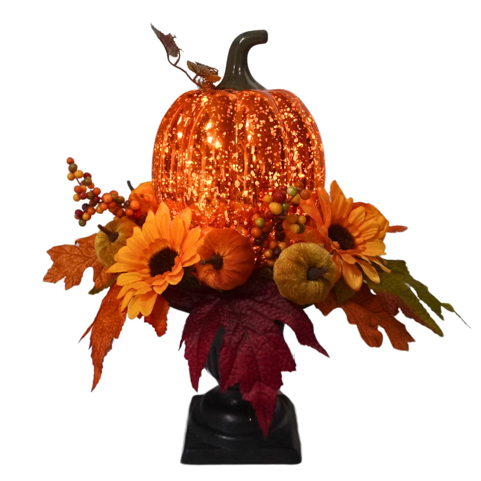 Afoxsos  15 Inch Lighted Pumpkin Fall Table Decoration with Maple Leaves Berries and LED Lights for Indoor Outdoor Thanksgiving Decor