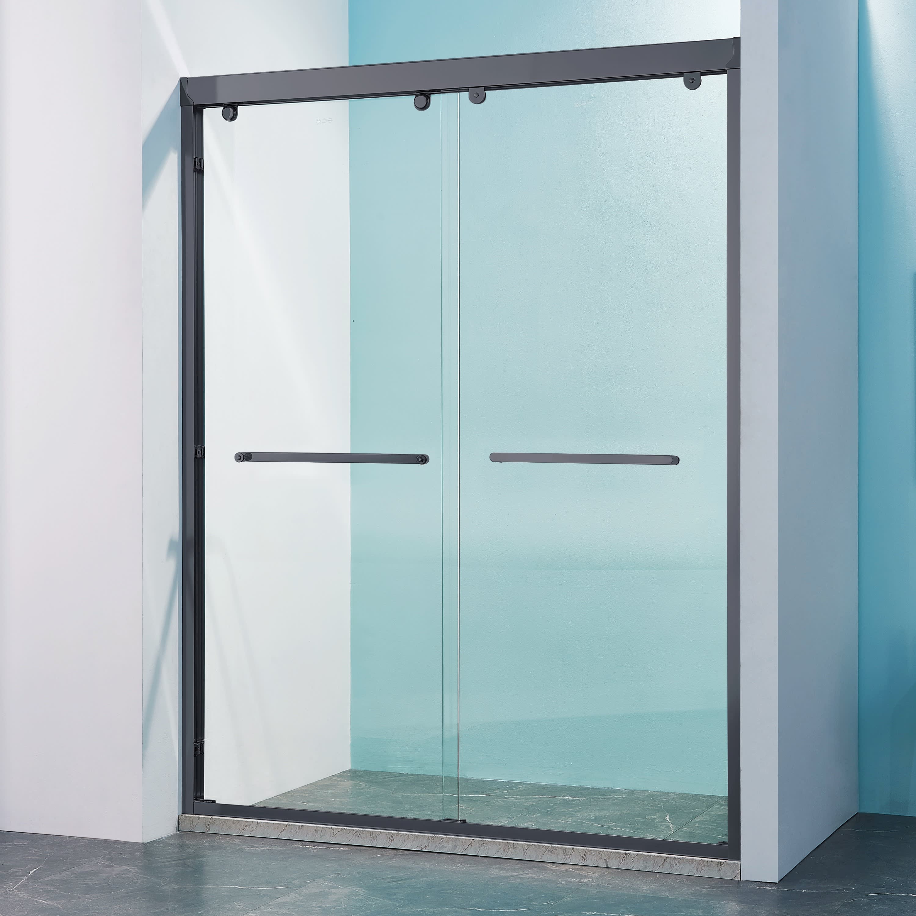 Vynxaria  56 in-60 in W x 75 in H Double Sliding Framed Shower Door in Matte Black Finish with Clear Tempered Glass 1 Pack