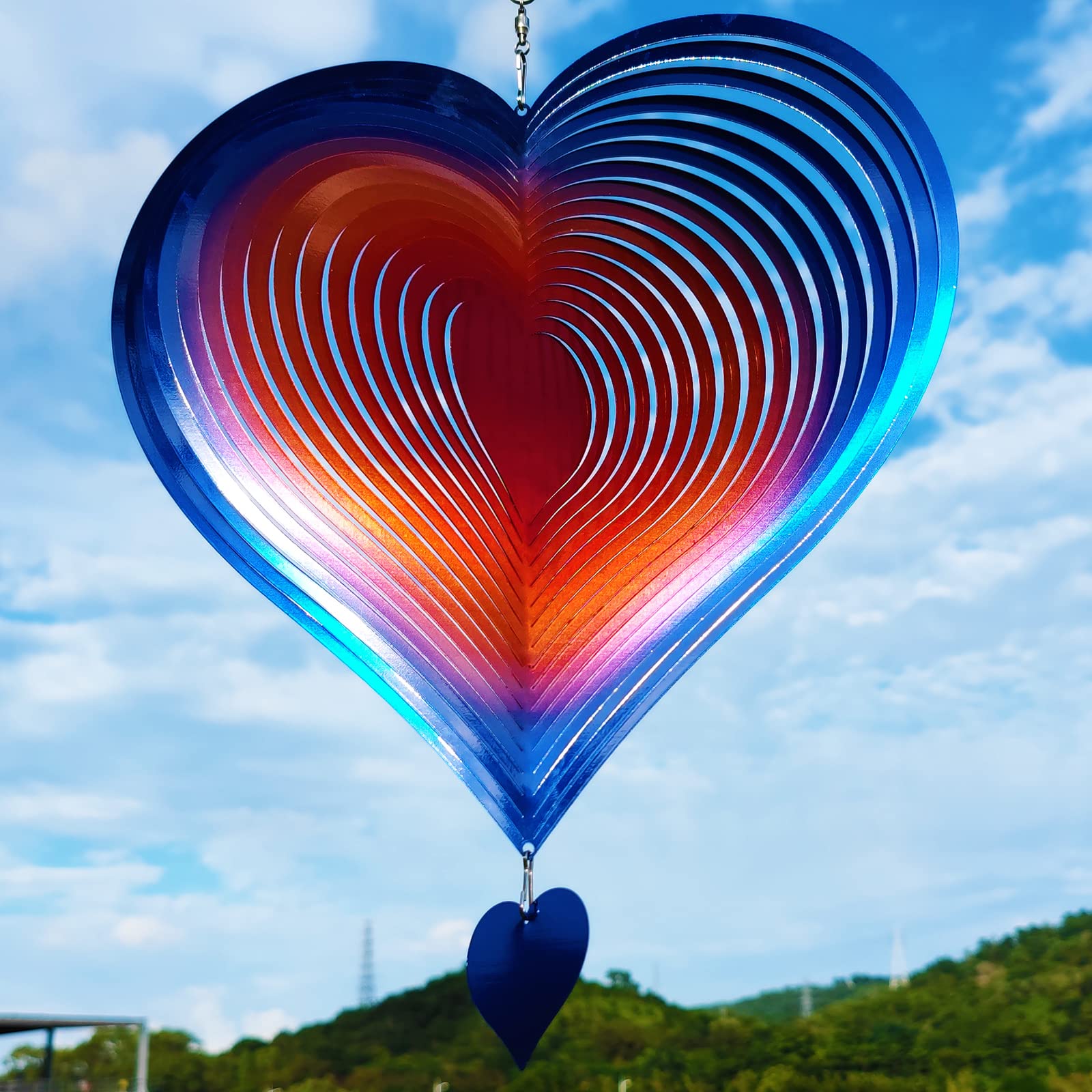 Adrinfly  Wind Spinner Outdoor Garden Decor 12 Inch Blue Orange Love Heart Hanging Metal Yard Art Kinetic Sculpture for Lawn Patio Gift