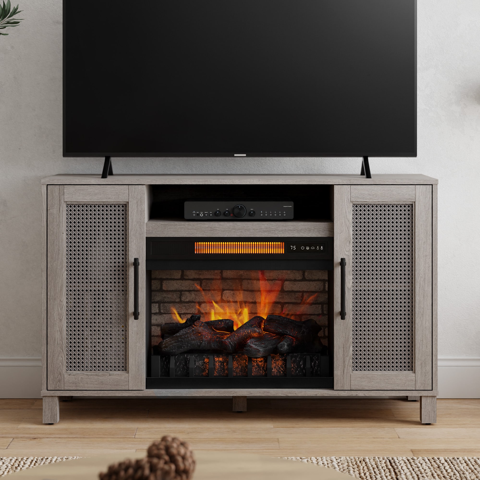 48-in W Washed Gray Oak Infrared Quartz Electric Fireplace in Brown | - allen + roth 1935FM-23-348