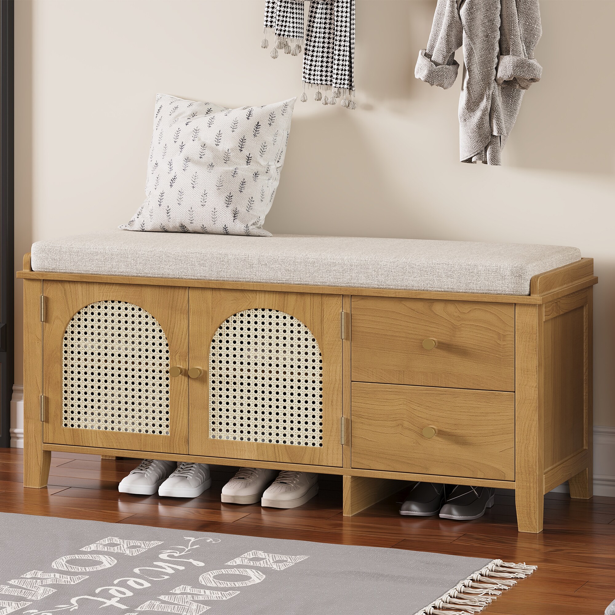 ModernLuxe N715P245263D Shoe Storage Bench Vintage Shoe Bench with Storage and Cushion Shoe Bench with 2 Drawers and 2 Rattan Door for Entryway Bedroom Living Room Natural